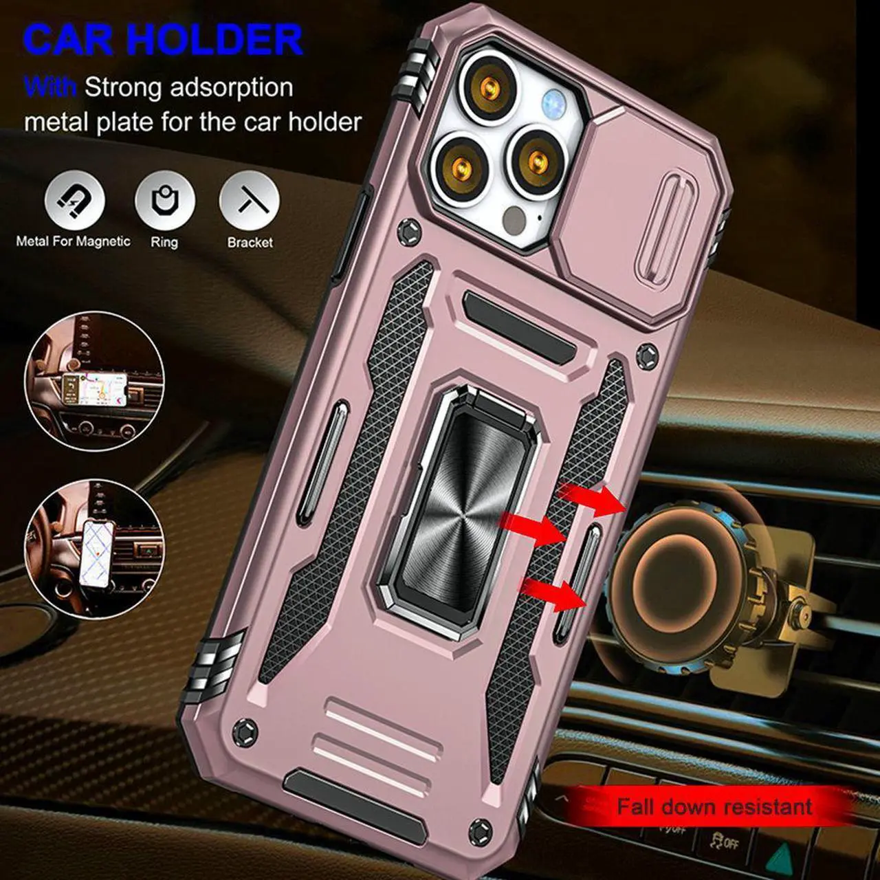 Alt view image 7 of 7 - Military Grade Ring Holder Case with Camera Lens Cover for iPhone 14 Pro Max - Rose Gold
