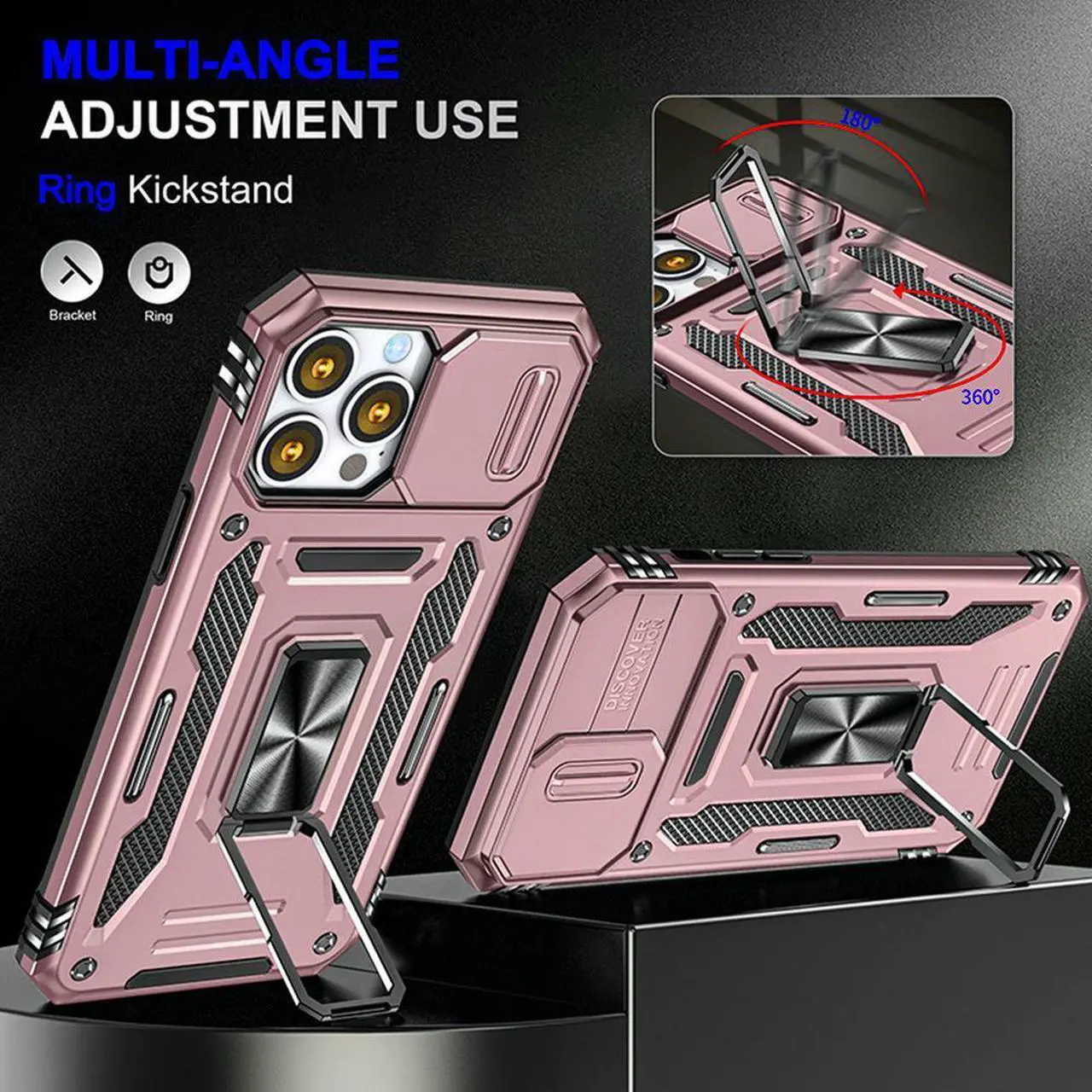 Alt view image 4 of 7 - Military Grade Ring Holder Case with Camera Lens Cover for iPhone 14 Pro Max - Rose Gold