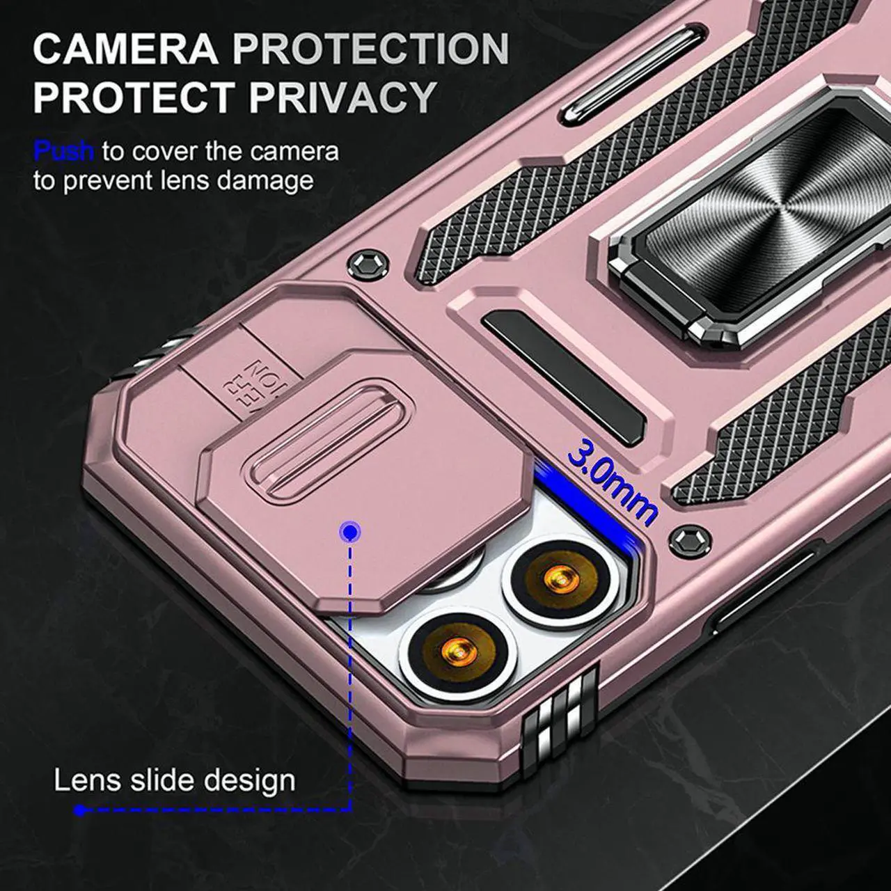 Alt view image 6 of 7 - Military Grade Ring Holder Case with Camera Lens Cover for iPhone 14 Pro Max - Rose Gold
