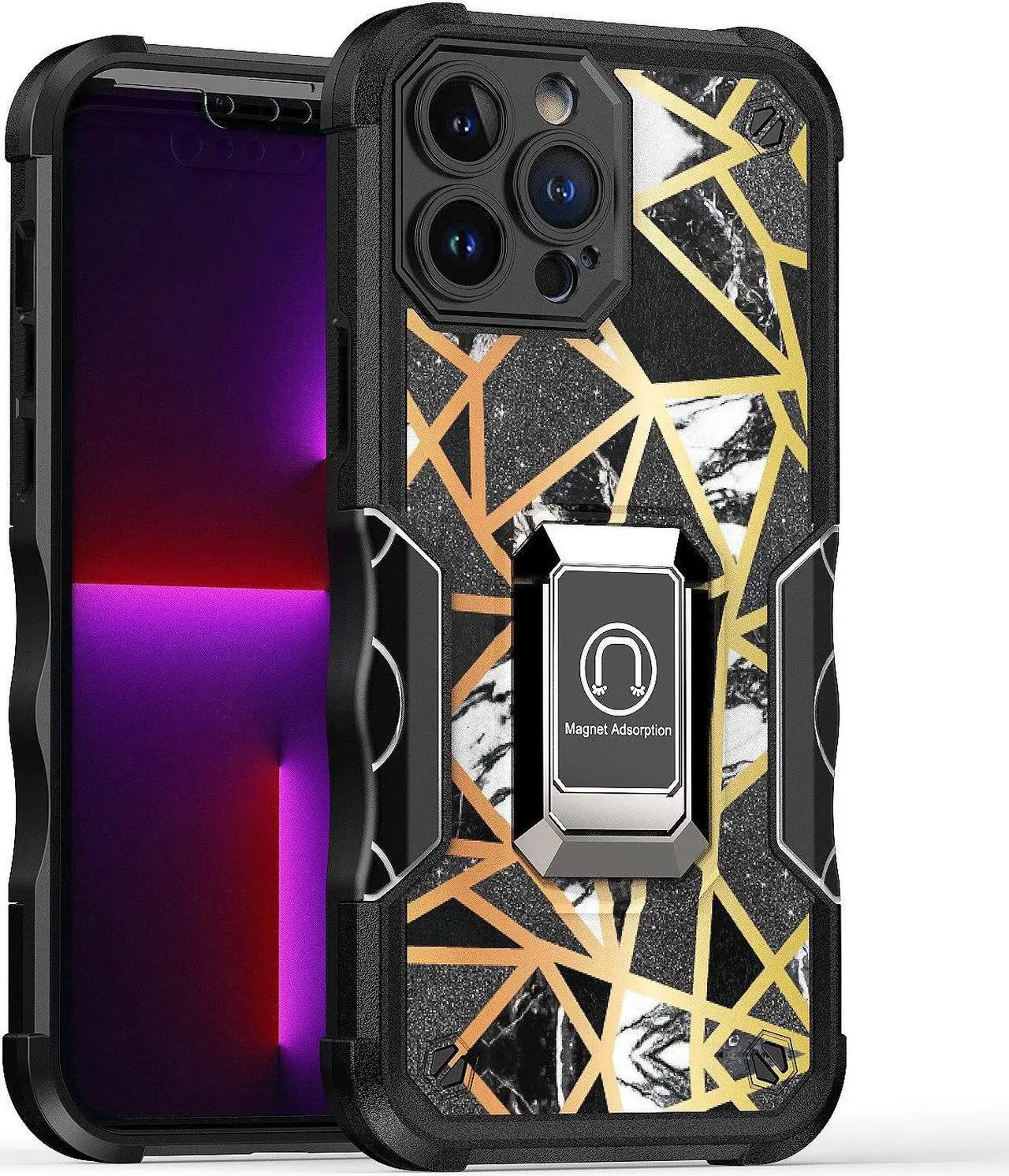 Main image of Military Grade Shockproof Hybrid Armor Case with Ring Holder for iPhone 13 Pro Max - Marble Black