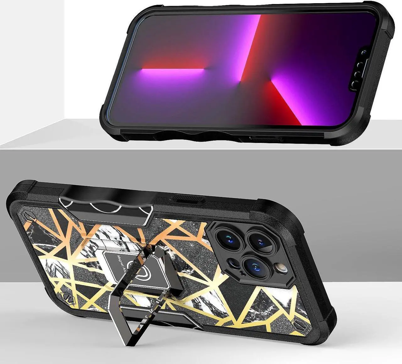 Alt view image 5 of 7 - Military Grade Shockproof Hybrid Armor Case with Ring Holder for iPhone 13 Pro Max - Marble Black