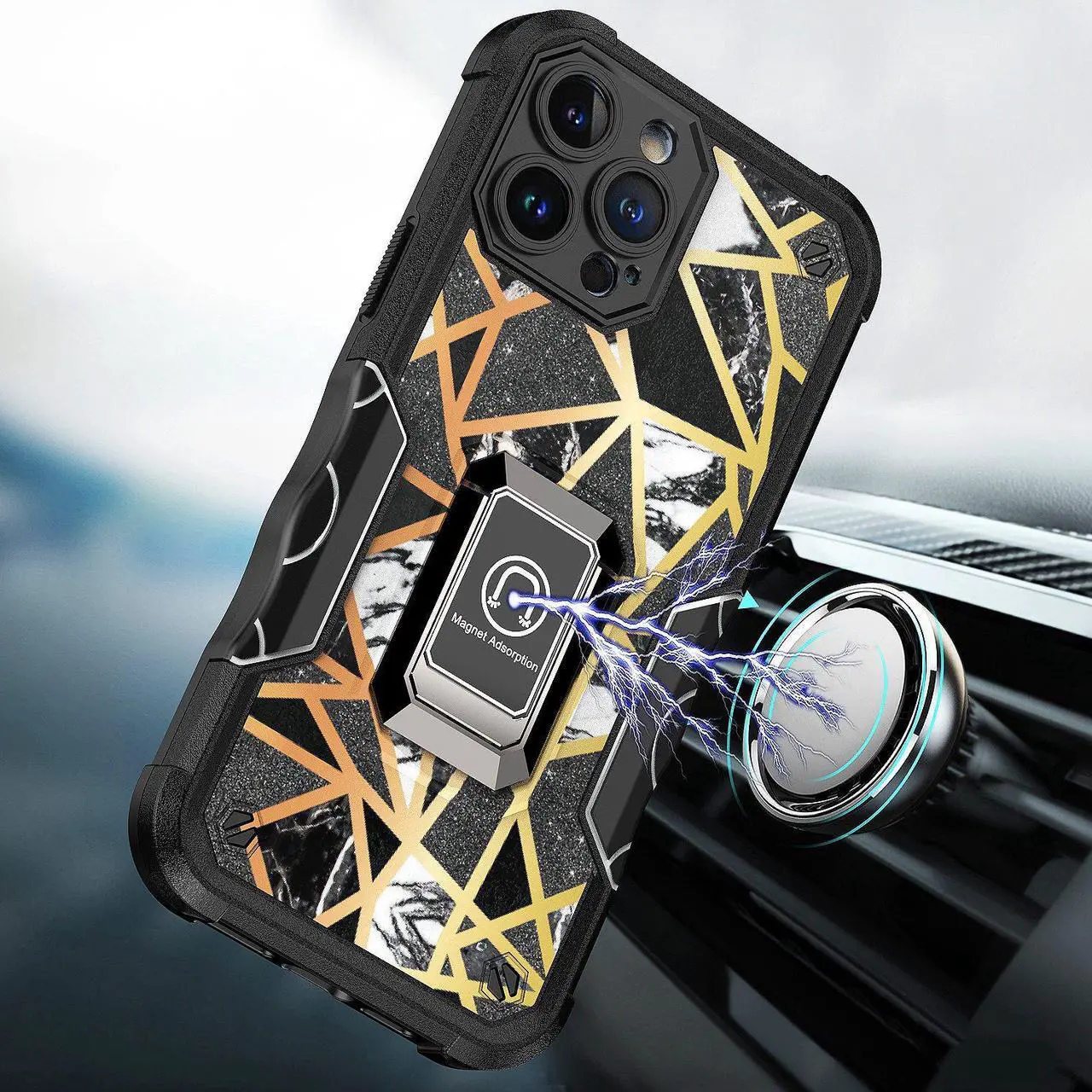 Alt view image 7 of 7 - Military Grade Shockproof Hybrid Armor Case with Ring Holder for iPhone 13 Pro Max - Marble Black