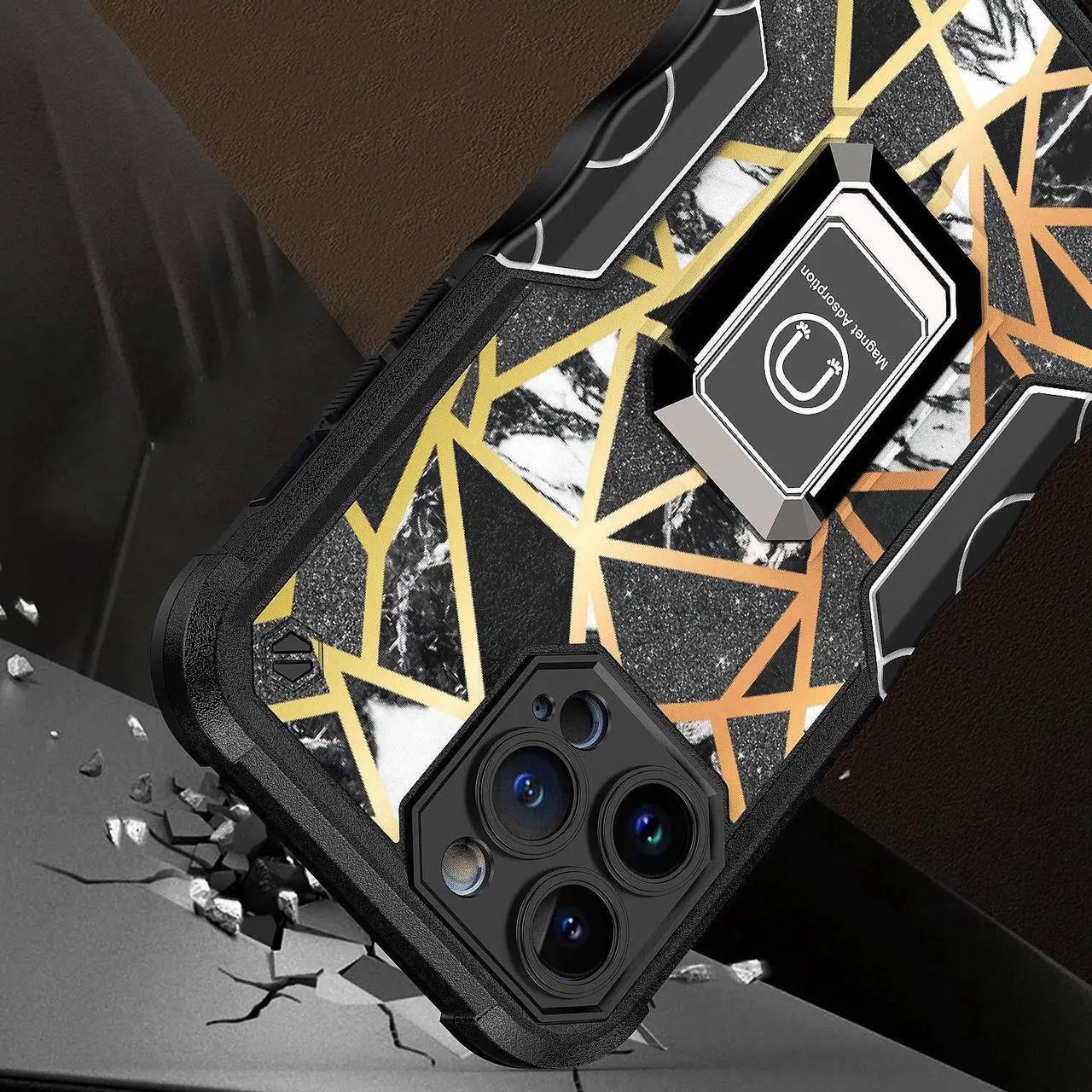 Alt view image 2 of 7 - Military Grade Shockproof Hybrid Armor Case with Ring Holder for iPhone 13 Pro Max - Marble Black