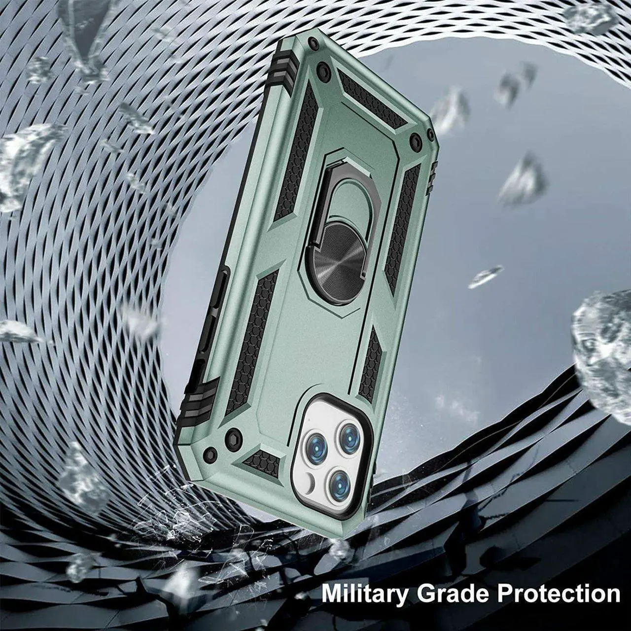 Alt view image 2 of 7 - Military Grade Finger Loop Case with 360° Rotating Ring Holder Kickstand for iPhone 13 Pro Max - Midnight Green