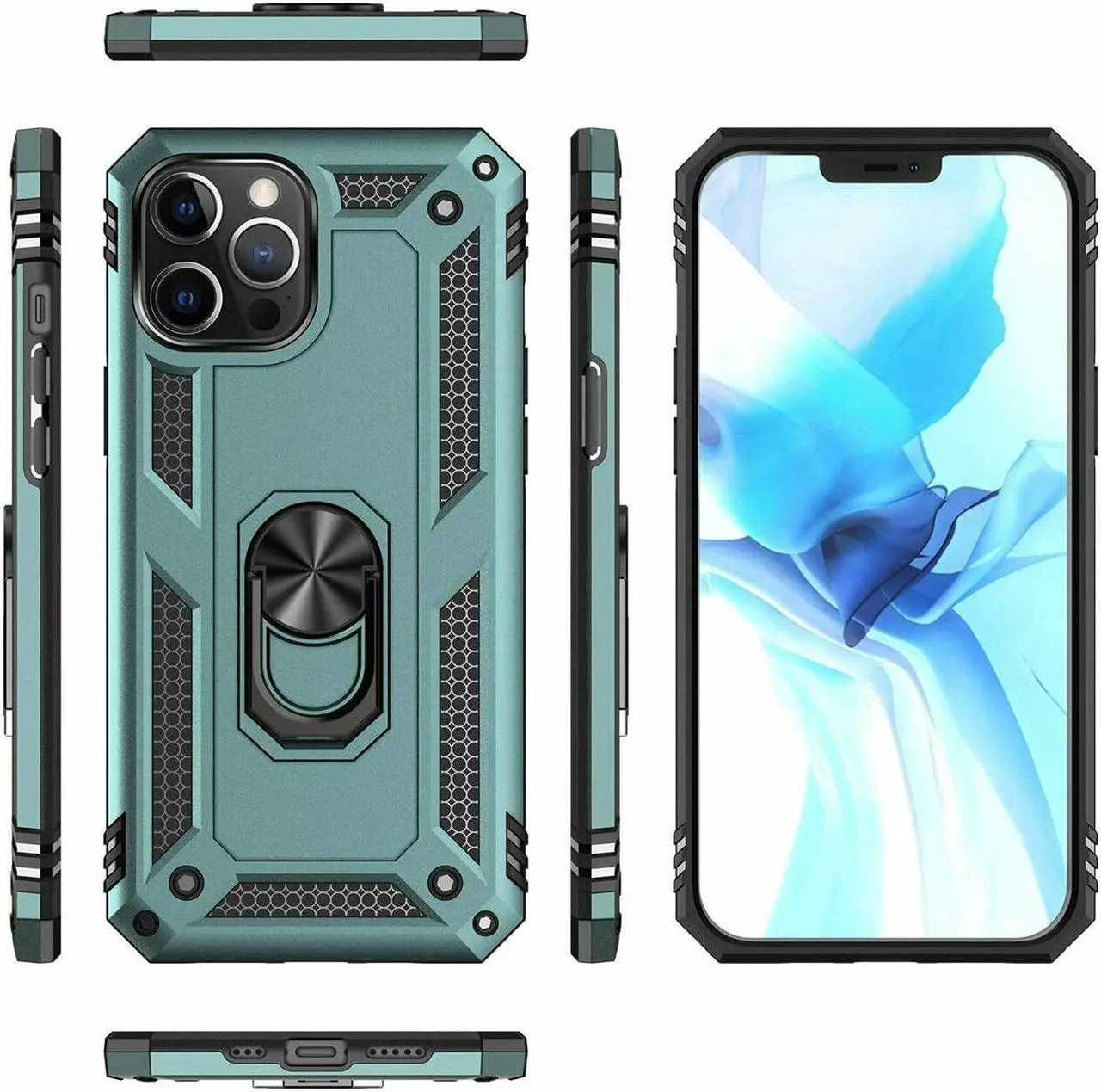 Alt view image 4 of 7 - Military Grade Finger Loop Case with 360° Rotating Ring Holder Kickstand for iPhone 13 Pro Max - Midnight Green
