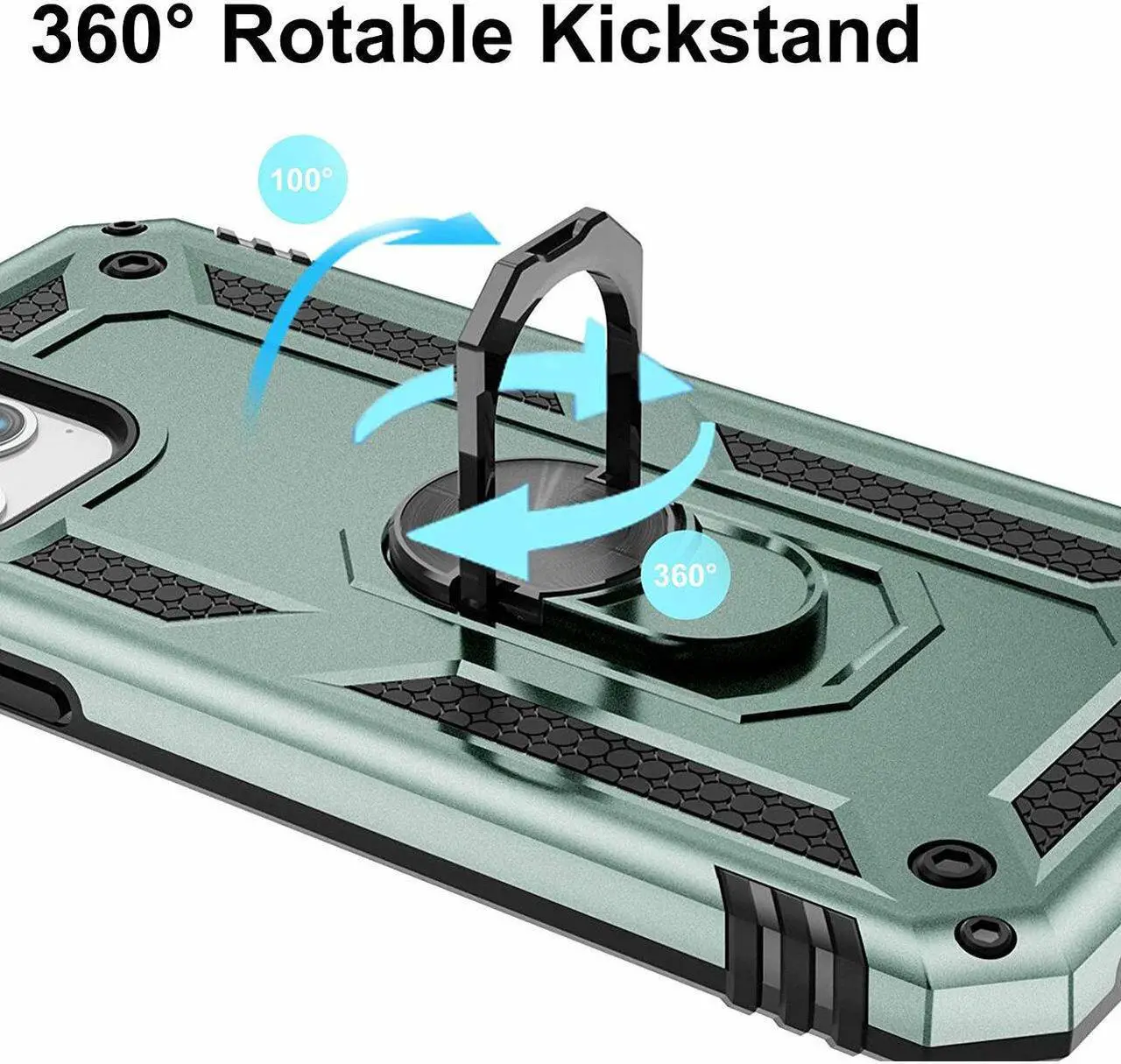 Alt view image 6 of 7 - Military Grade Finger Loop Case with 360° Rotating Ring Holder Kickstand for iPhone 13 Pro Max - Midnight Green