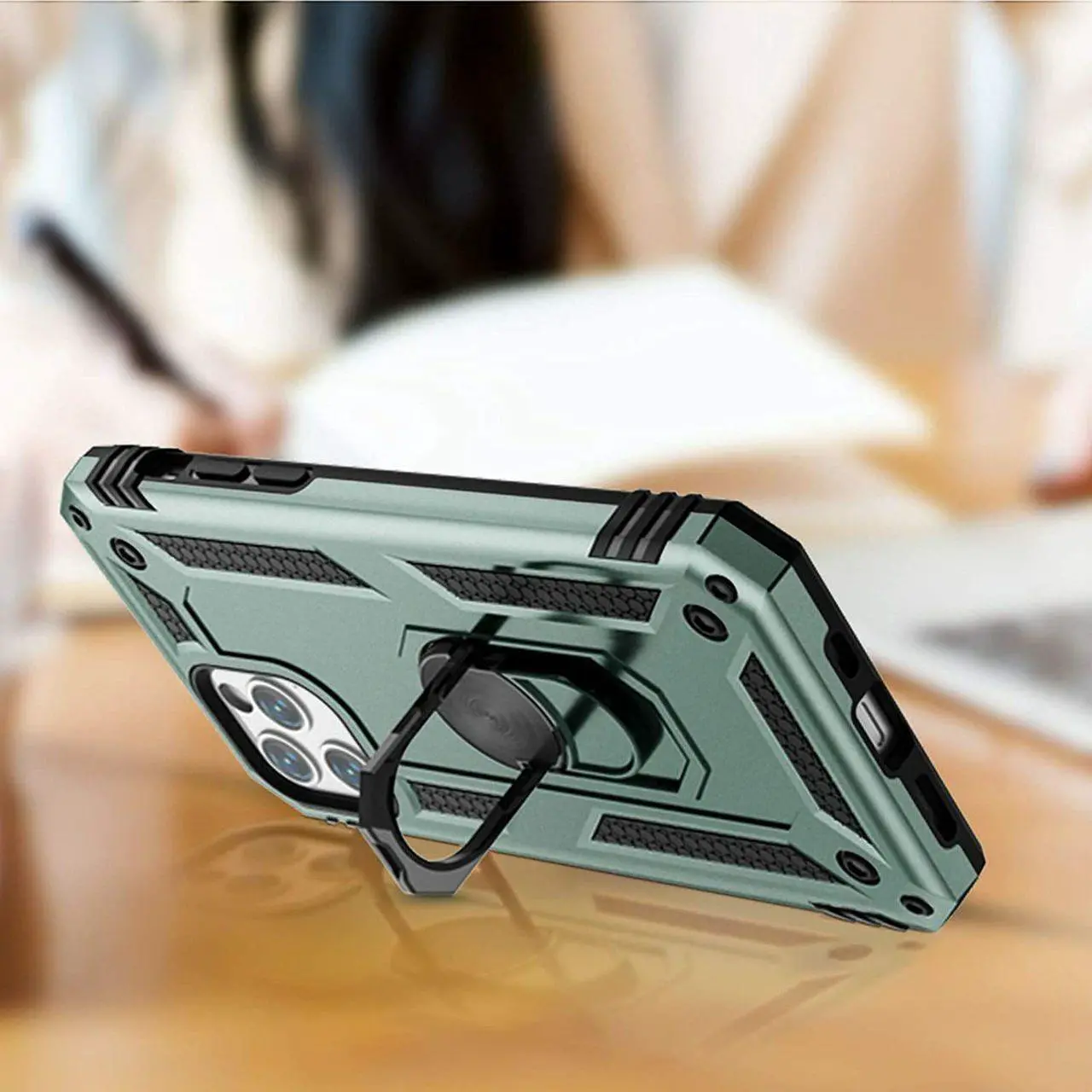 Alt view image 7 of 7 - Military Grade Finger Loop Case with 360° Rotating Ring Holder Kickstand for iPhone 13 Pro Max - Midnight Green