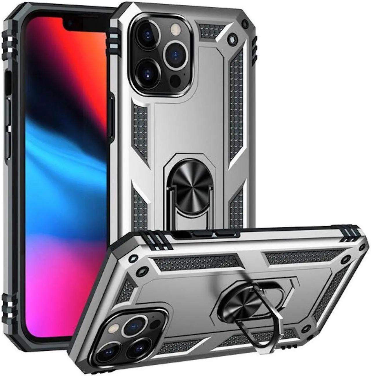 Main image of Military Grade Finger Loop Case with 360° Rotating Ring Holder Kickstand for iPhone 13 Pro Max - Silver