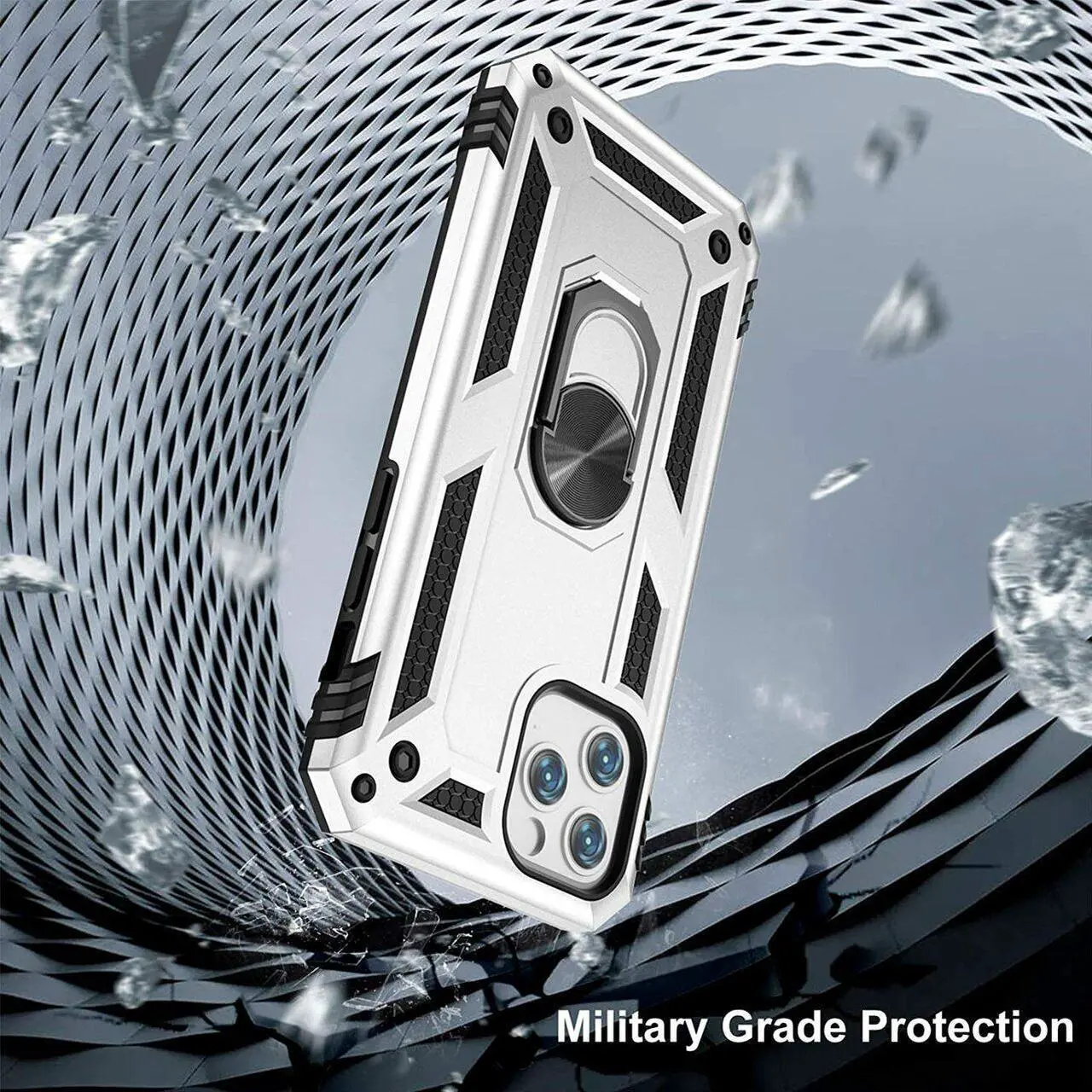 Alt view image 2 of 7 - Military Grade Finger Loop Case with 360° Rotating Ring Holder Kickstand for iPhone 13 Pro Max - Silver
