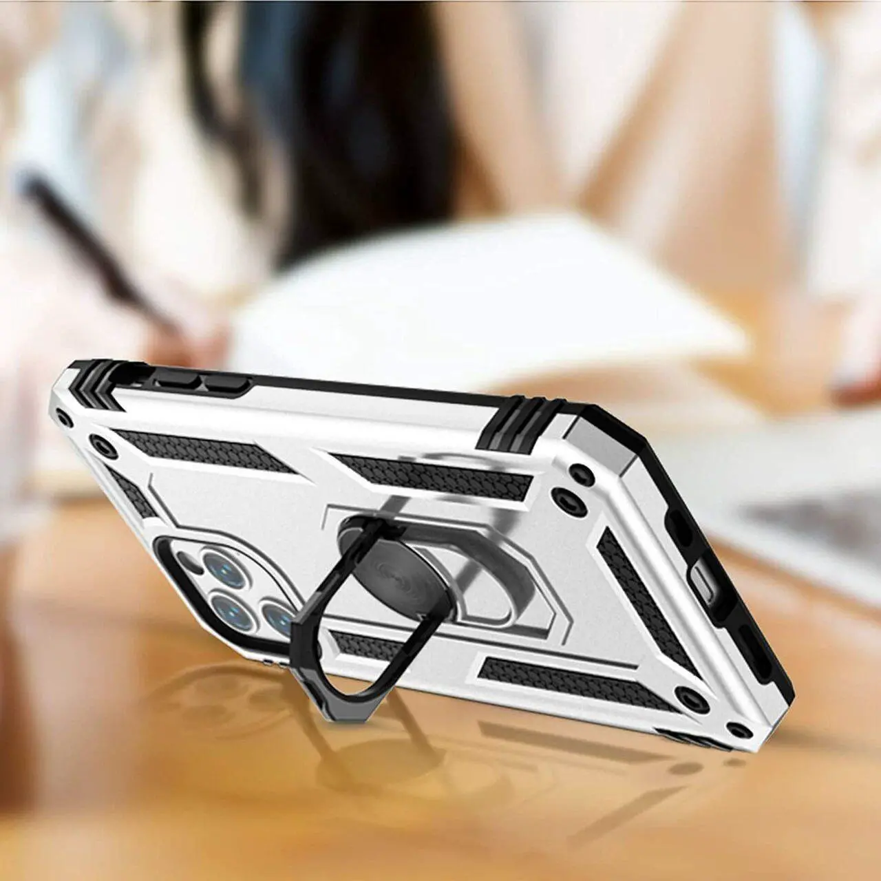 Alt view image 7 of 7 - Military Grade Finger Loop Case with 360° Rotating Ring Holder Kickstand for iPhone 13 Pro Max - Silver