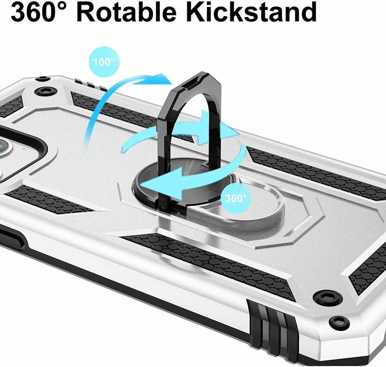 Alt view image 6 of 7 - Military Grade Finger Loop Case with 360° Rotating Ring Holder Kickstand for iPhone 13 Pro Max - Silver