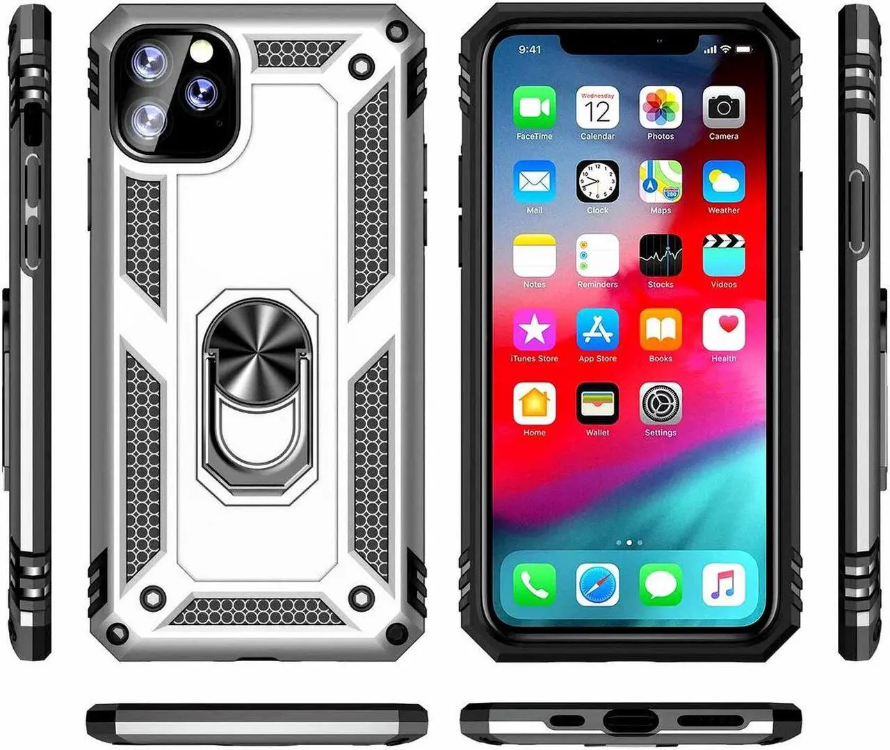 Alt view image 4 of 7 - Military Grade Finger Loop Case with 360° Rotating Ring Holder Kickstand for iPhone 13 Pro Max - Silver