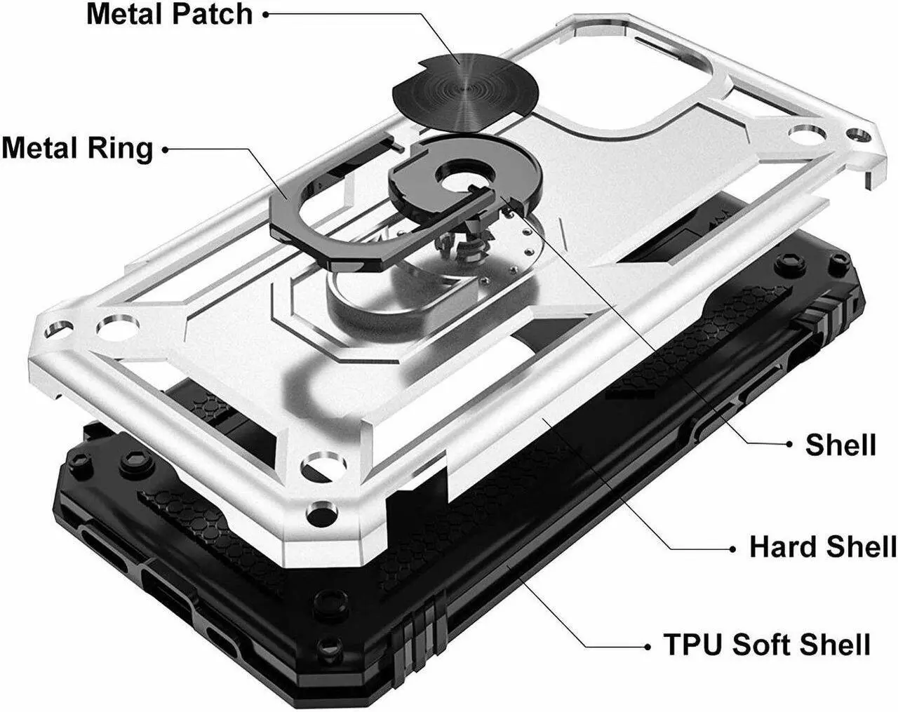 Alt view image 5 of 7 - Military Grade Finger Loop Case with 360° Rotating Ring Holder Kickstand for iPhone 13 Pro Max - Silver