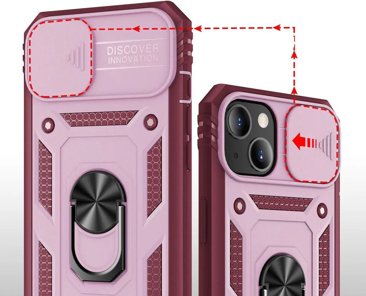 Alt view image 4 of 7 - Military Grade Certified Ring Grip Case with Camera Lens Cover for iPhone 14 - Pink Burgundy