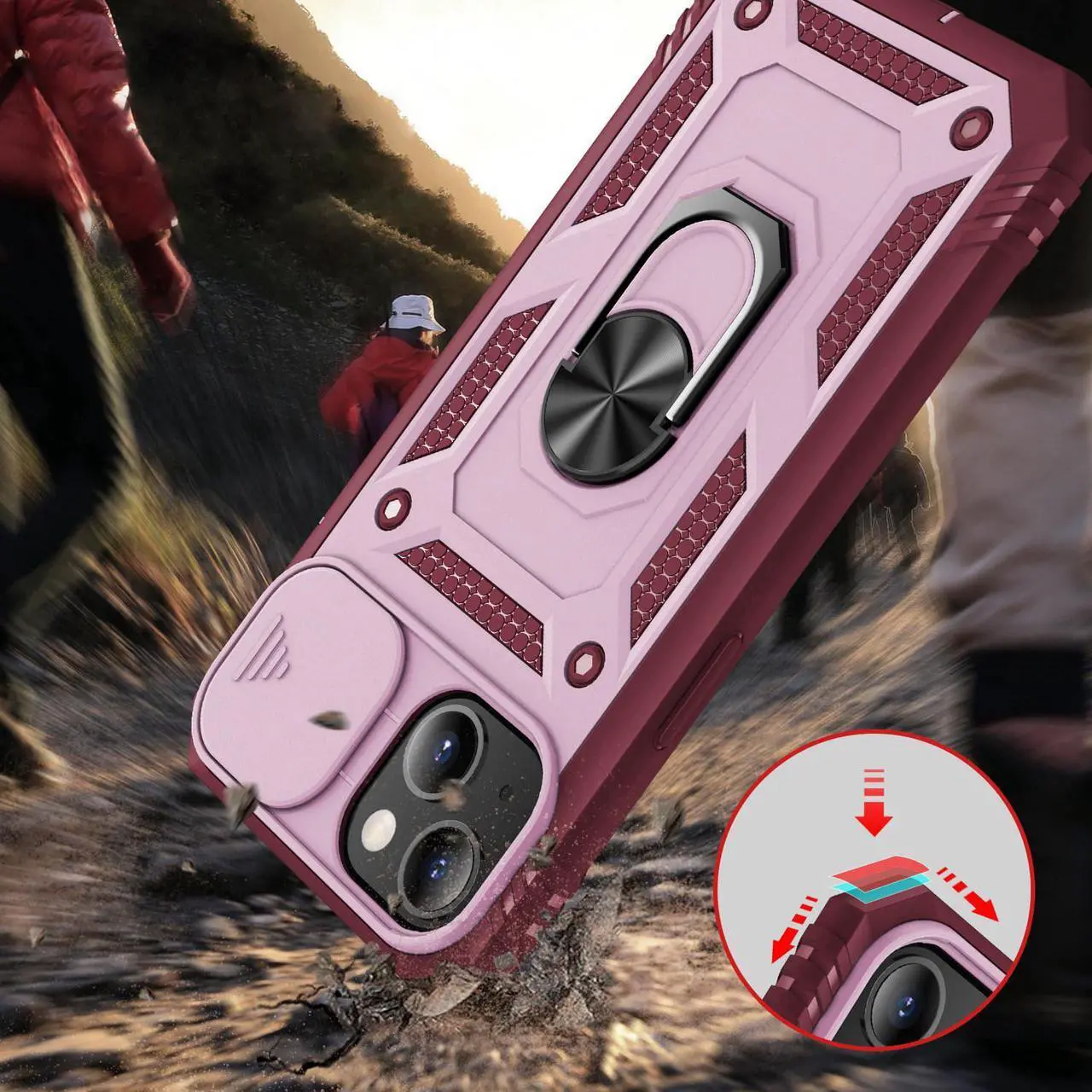Alt view image 3 of 7 - Military Grade Certified Ring Grip Case with Camera Lens Cover for iPhone 14 - Pink Burgundy