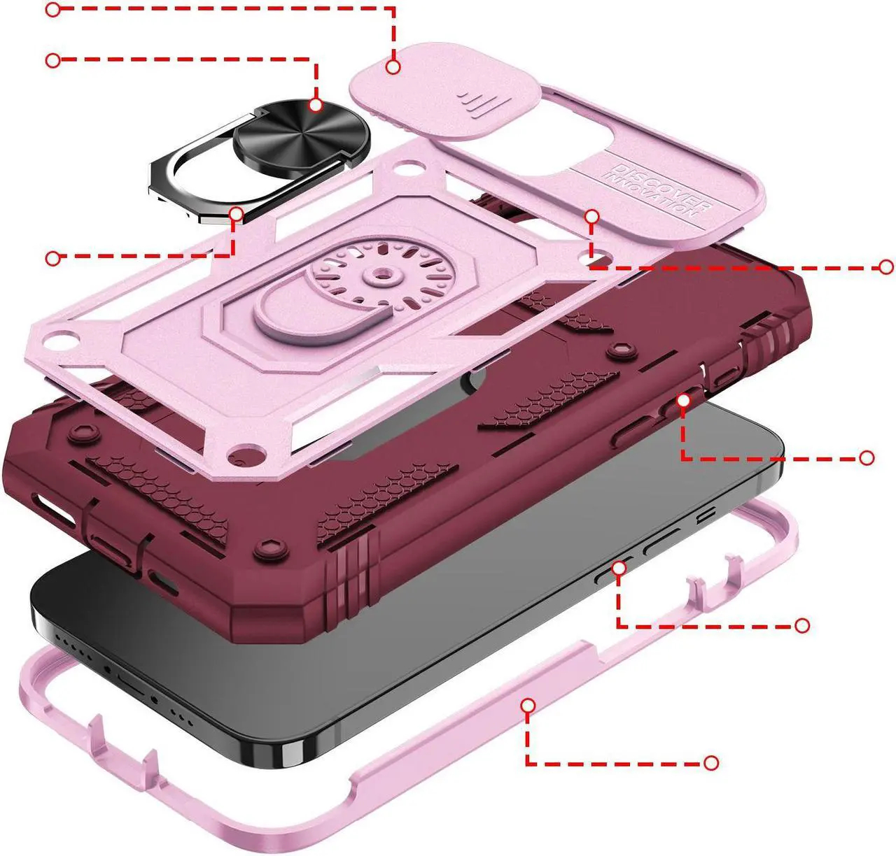 Alt view image 5 of 7 - Military Grade Certified Ring Grip Case with Camera Lens Cover for iPhone 14 - Pink Burgundy