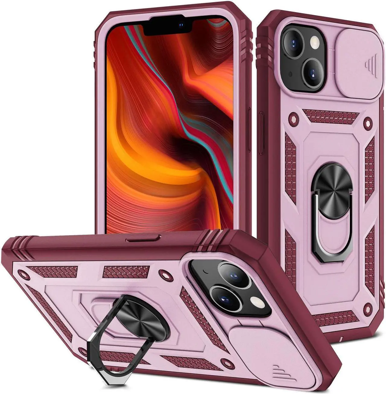 Main image of Military Grade Certified Ring Grip Case with Camera Lens Cover for iPhone 14 - Pink Burgundy