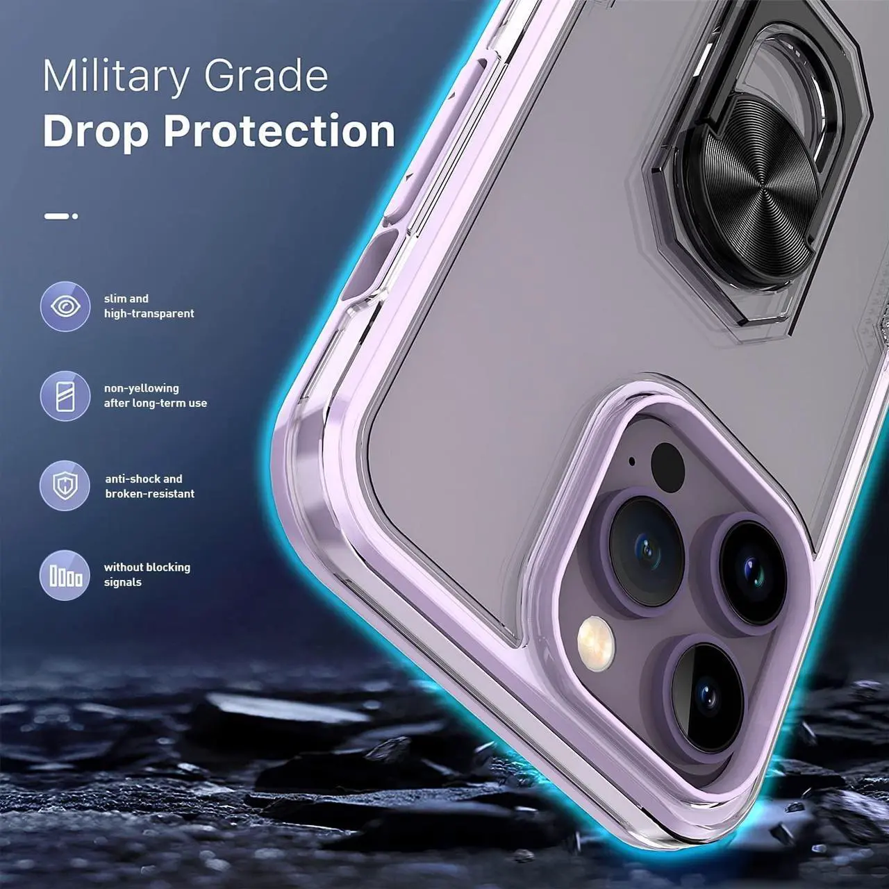 Alt view image 2 of 7 - Translucent Series Hybrid Case with Ring Grip for iPhone 14 Pro Max - Purple