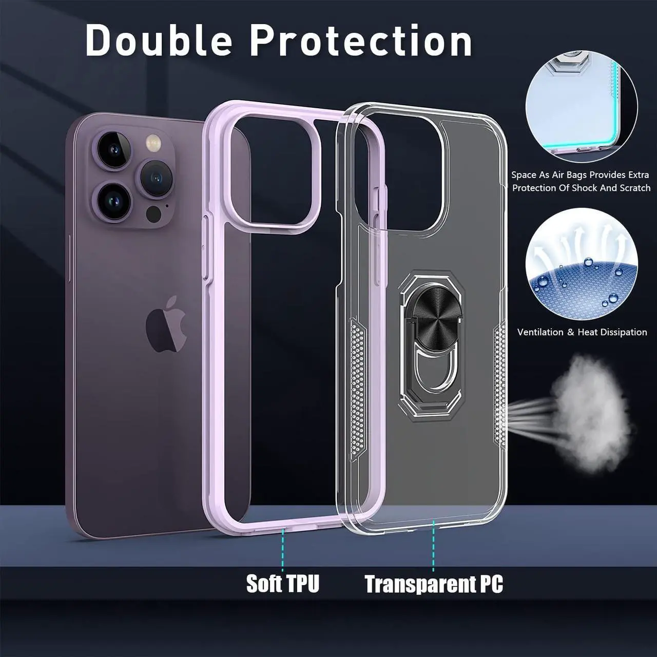 Alt view image 4 of 7 - Translucent Series Hybrid Case with Ring Grip for iPhone 14 Pro Max - Purple