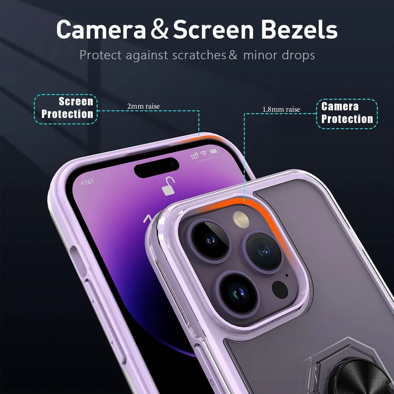 Alt view image 5 of 7 - Translucent Series Hybrid Case with Ring Grip for iPhone 14 Pro Max - Purple