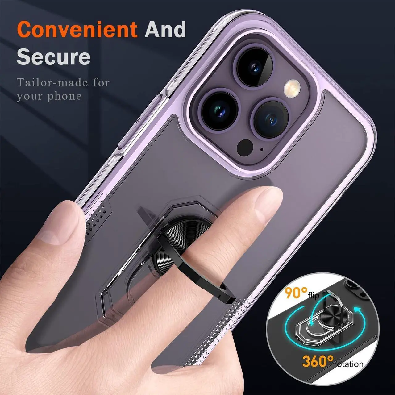 Alt view image 3 of 7 - Translucent Series Hybrid Case with Ring Grip for iPhone 14 Pro Max - Purple