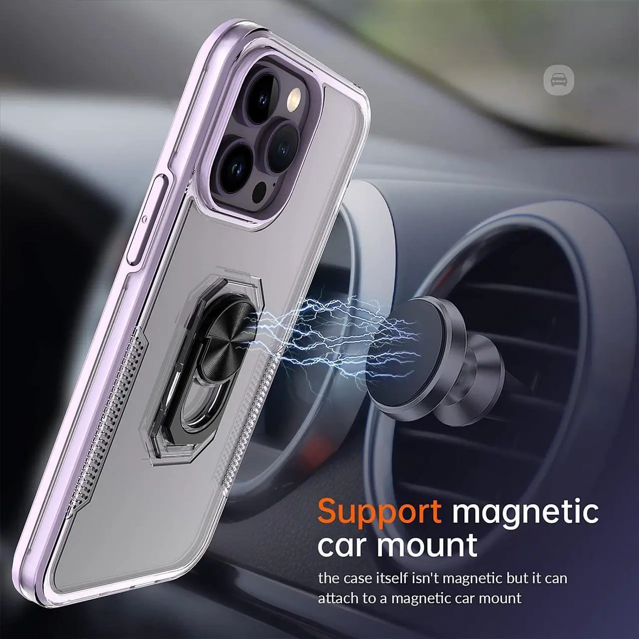Alt view image 7 of 7 - Translucent Series Hybrid Case with Ring Grip for iPhone 14 Pro Max - Purple