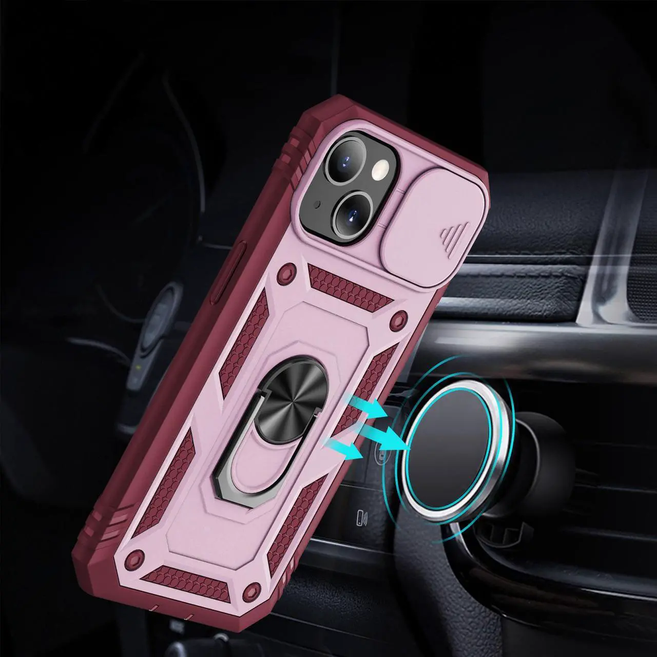 Alt view image 7 of 7 - Military Grade Certified Ring Grip Case with Camera Lens Cover for iPhone 14 - Pink Burgundy