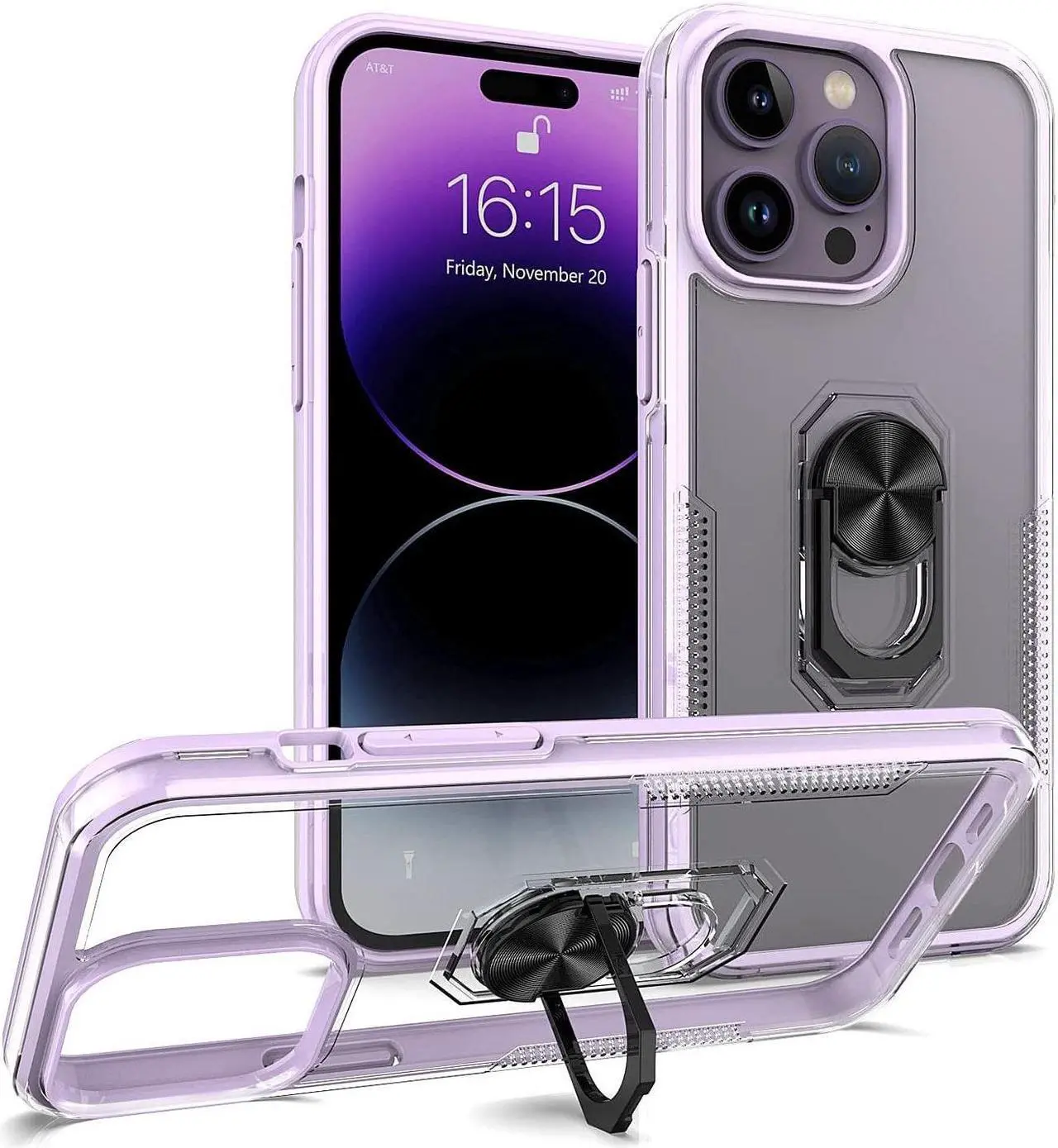 Main image of Translucent Series Hybrid Case with Ring Grip for iPhone 14 Pro Max - Purple