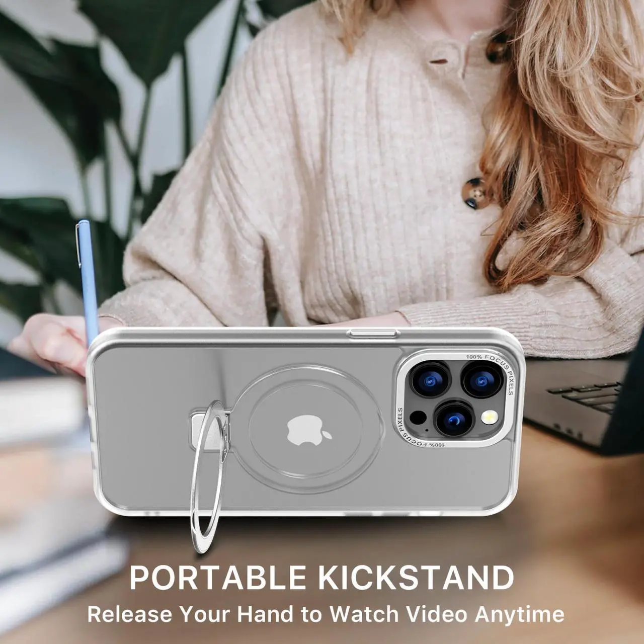 Alt view image 4 of 7 - MagSafe Compatible Shade Series Hybrid Case with Kickstand Ring Holder for iPhone 13 Pro Max - Clear