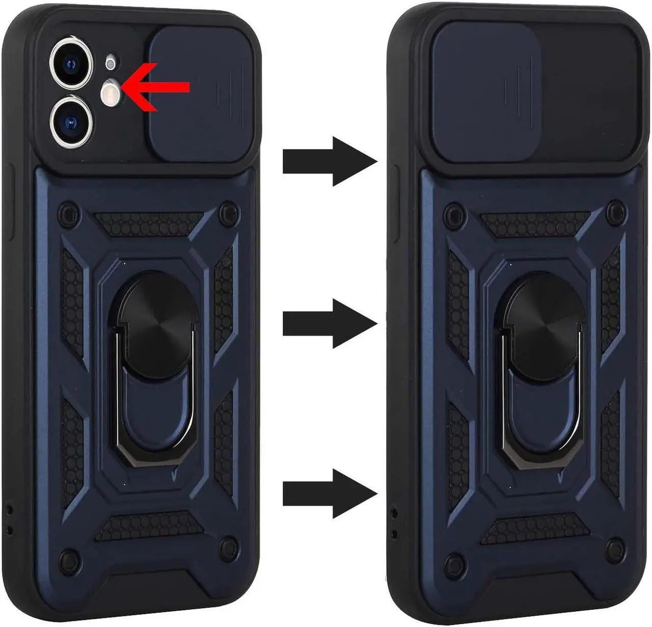 Alt view image 2 of 7 - Elite Series Hybrid Case with Ring Stent Finger Loop and Camera Lens Cover for iPhone 13 Pro Max - Navy Blue