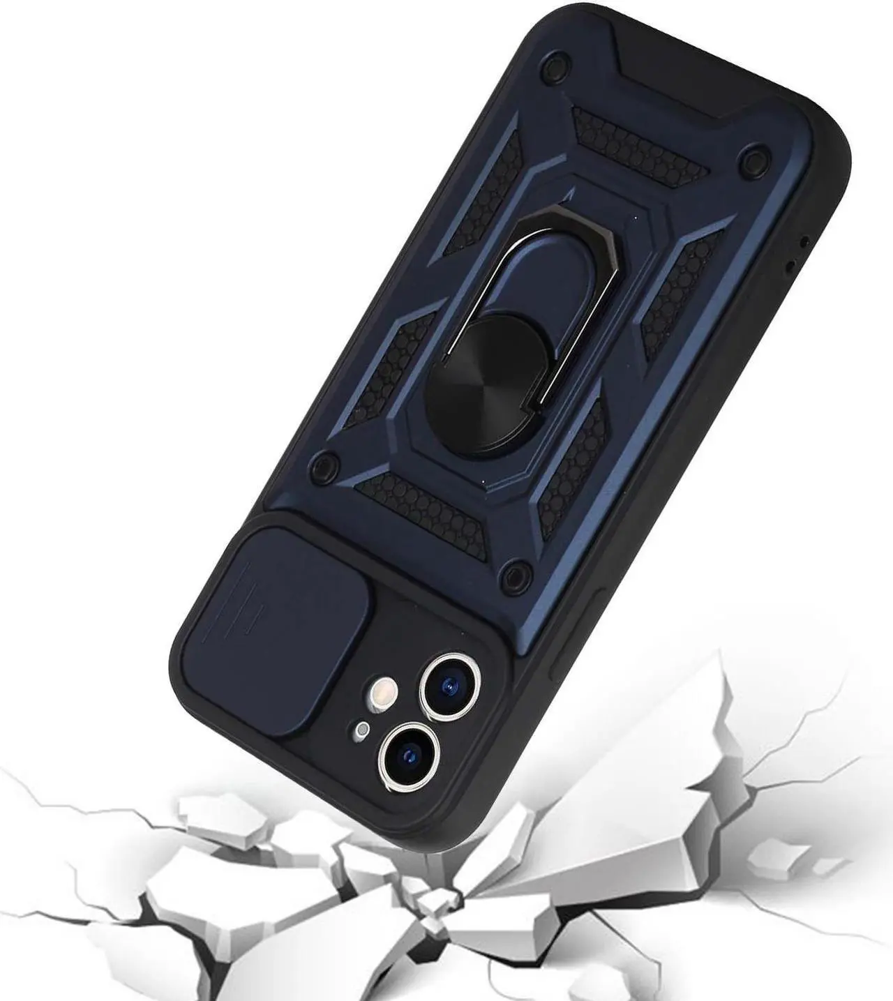 Alt view image 4 of 7 - Elite Series Hybrid Case with Ring Stent Finger Loop and Camera Lens Cover for iPhone 13 Pro Max - Navy Blue