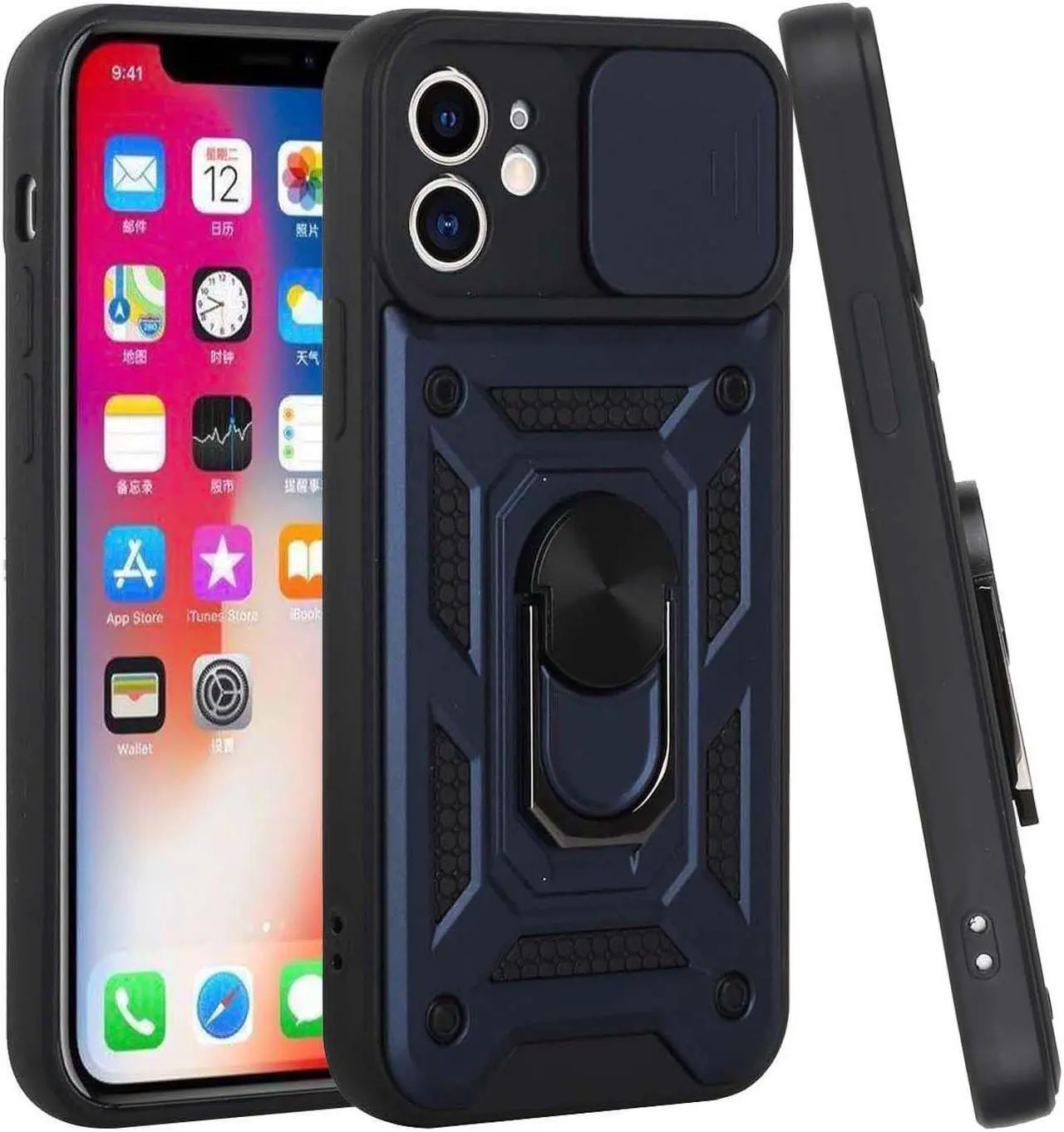 Alt view image 6 of 7 - Elite Series Hybrid Case with Ring Stent Finger Loop and Camera Lens Cover for iPhone 13 Pro Max - Navy Blue
