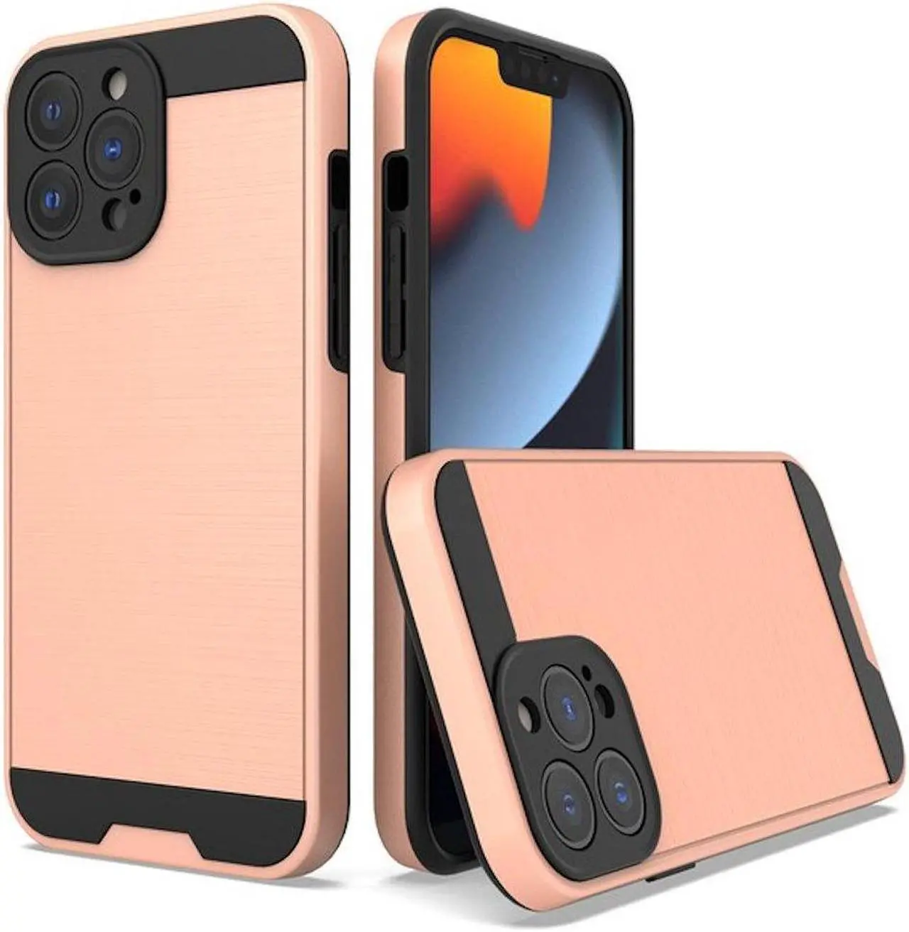 Main image of Brushed Metal Textured Hybrid Armor Case for iPhone 14 Pro - Rose Gold