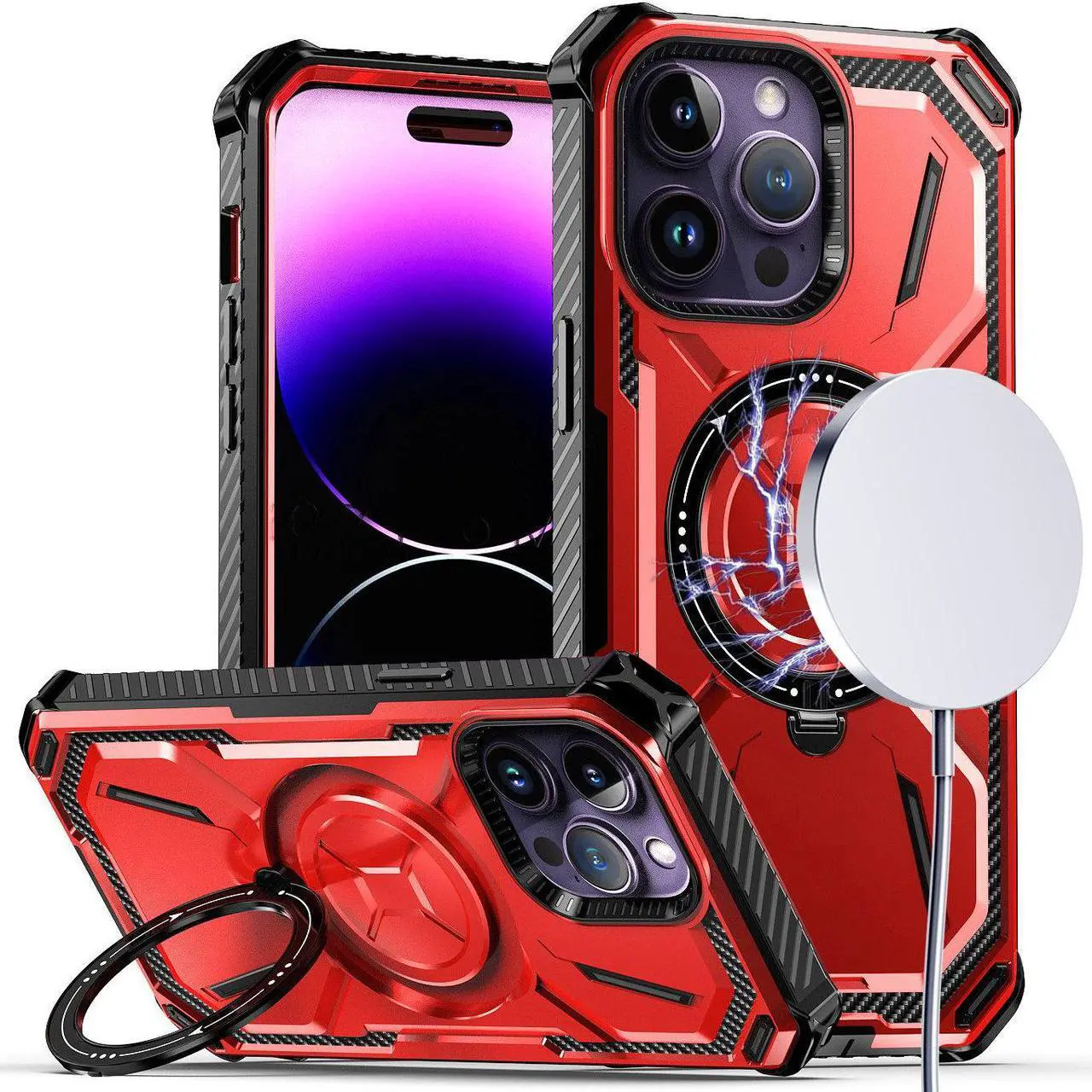 Main image of MagSafe Compatible Military Grade Hybrid Case with Kickstand Ring Holder for iPhone 13 Pro Max - Red