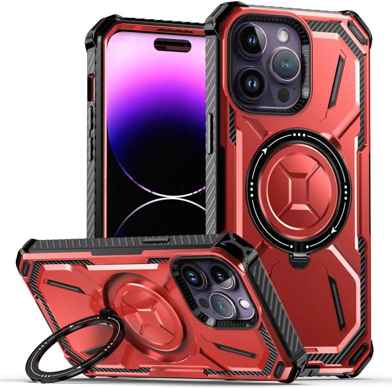 Alt view image 4 of 7 - MagSafe Compatible Military Grade Hybrid Case with Kickstand Ring Holder for iPhone 13 Pro Max - Red