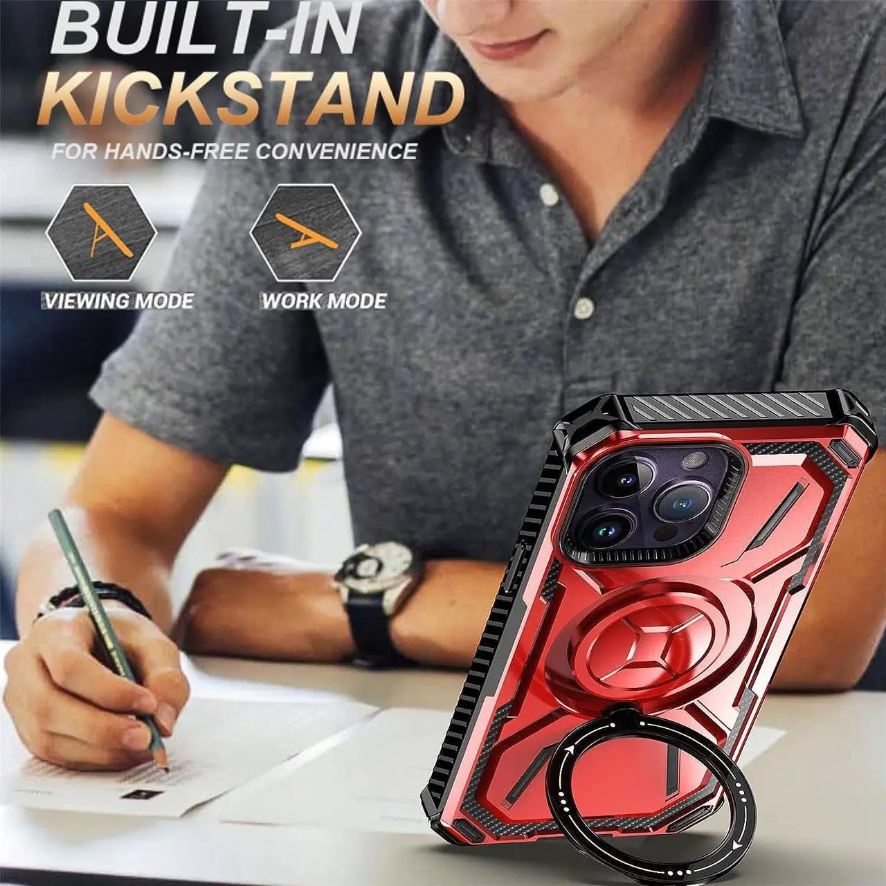 Alt view image 6 of 7 - MagSafe Compatible Military Grade Hybrid Case with Kickstand Ring Holder for iPhone 13 Pro Max - Red