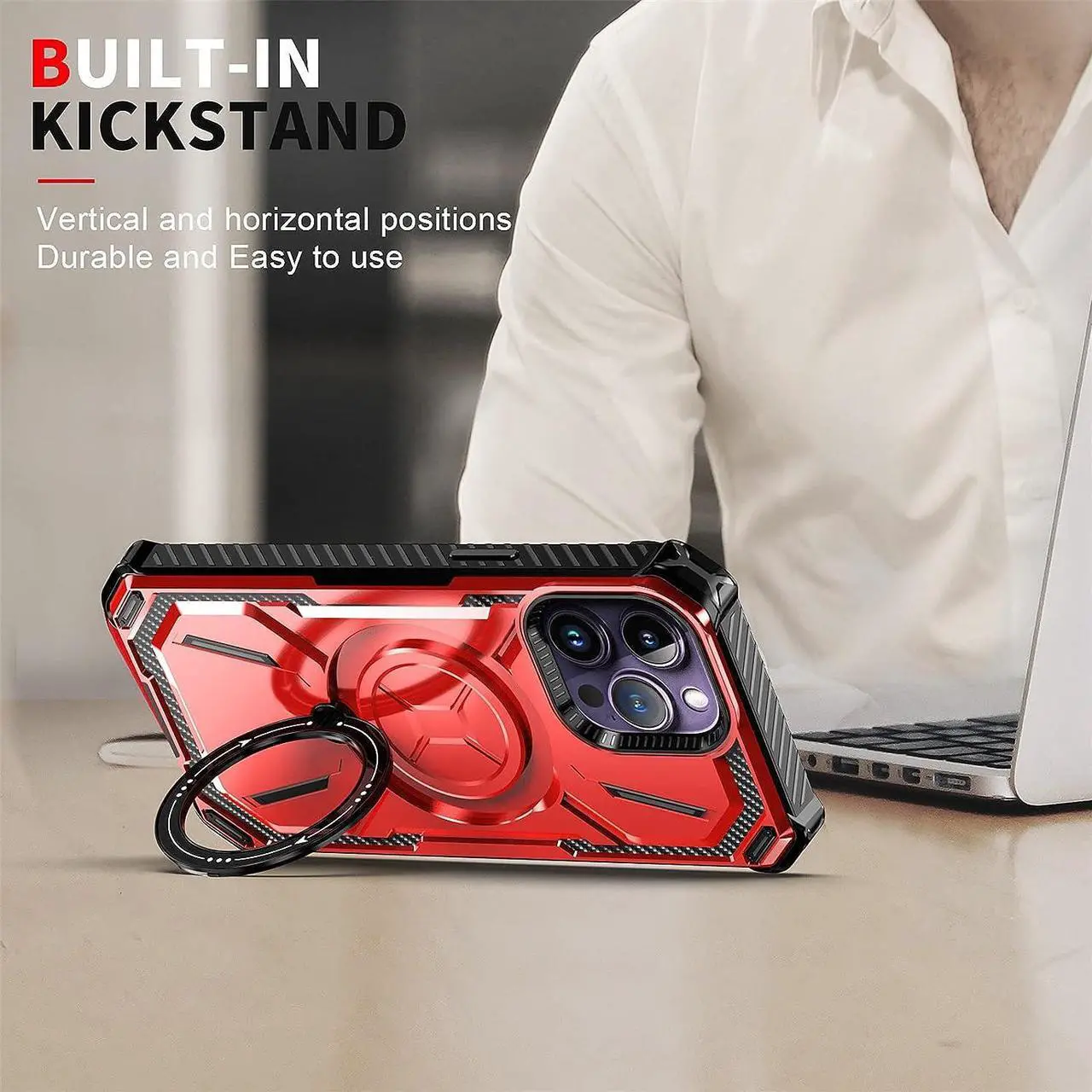 Alt view image 5 of 7 - MagSafe Compatible Military Grade Hybrid Case with Kickstand Ring Holder for iPhone 13 Pro Max - Red