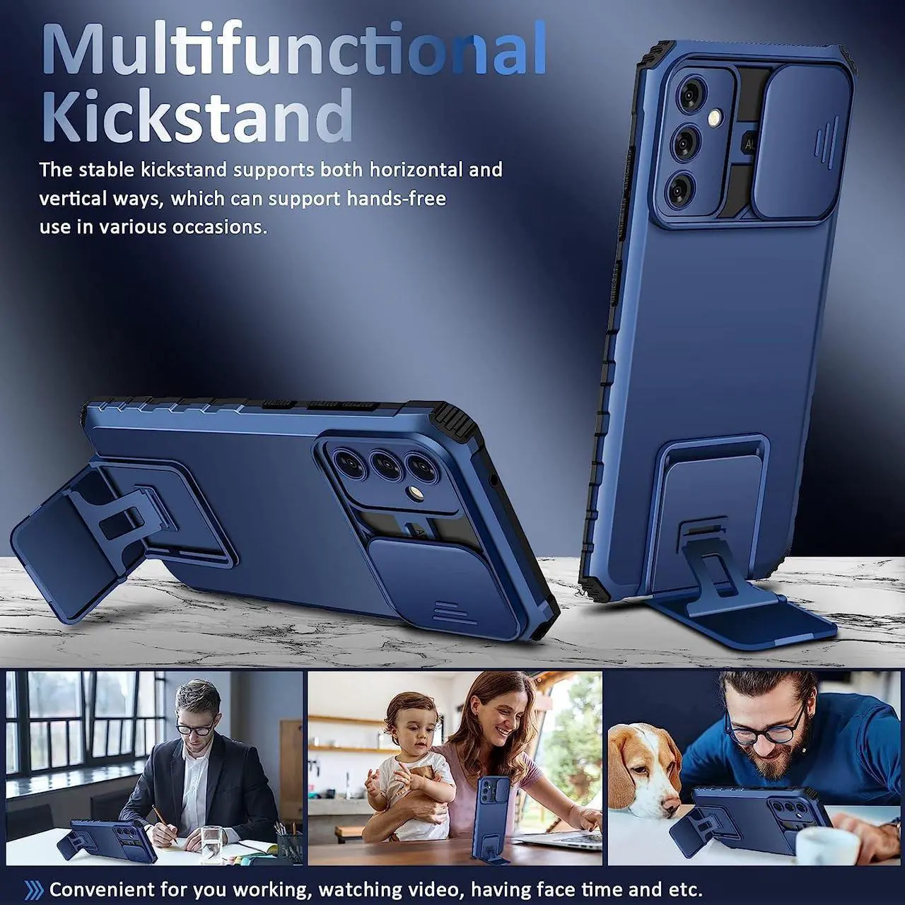 Alt view image 3 of 7 - Camera Privacy Cover Hybrid Case with Kickstand for Samsung Galaxy A14 5G - Blue