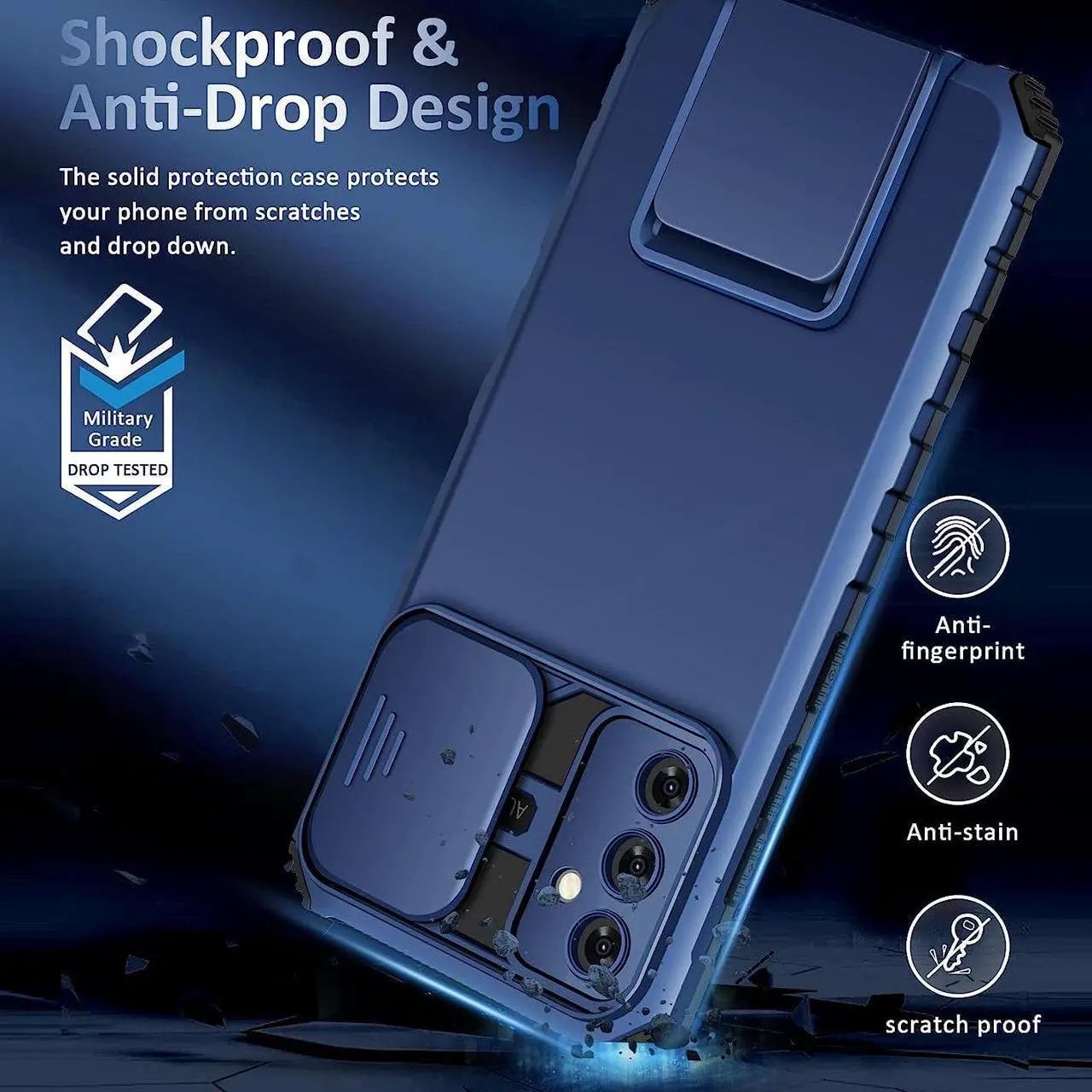 Alt view image 2 of 7 - Camera Privacy Cover Hybrid Case with Kickstand for Samsung Galaxy A14 5G - Blue
