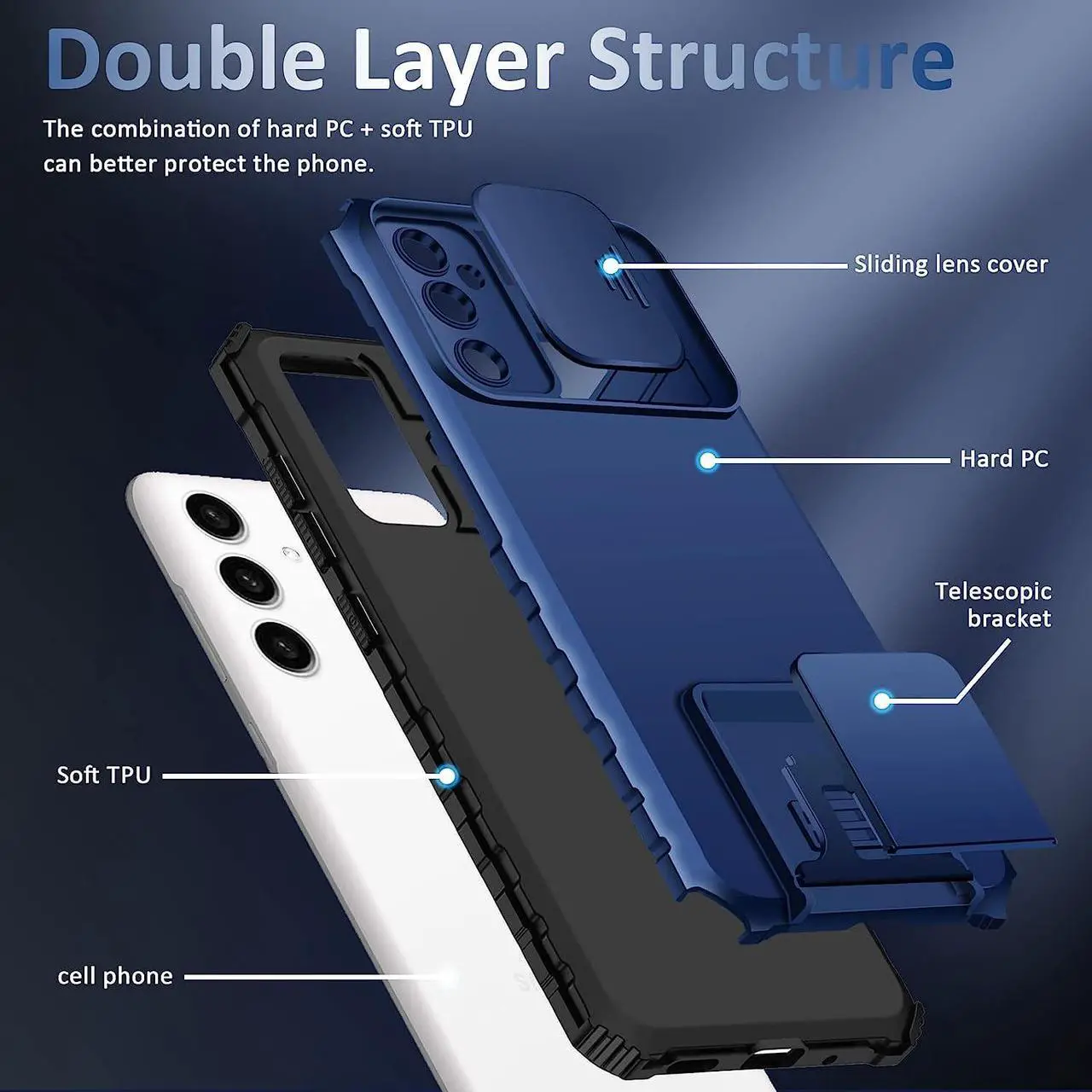 Alt view image 5 of 7 - Camera Privacy Cover Hybrid Case with Kickstand for Samsung Galaxy A14 5G - Blue