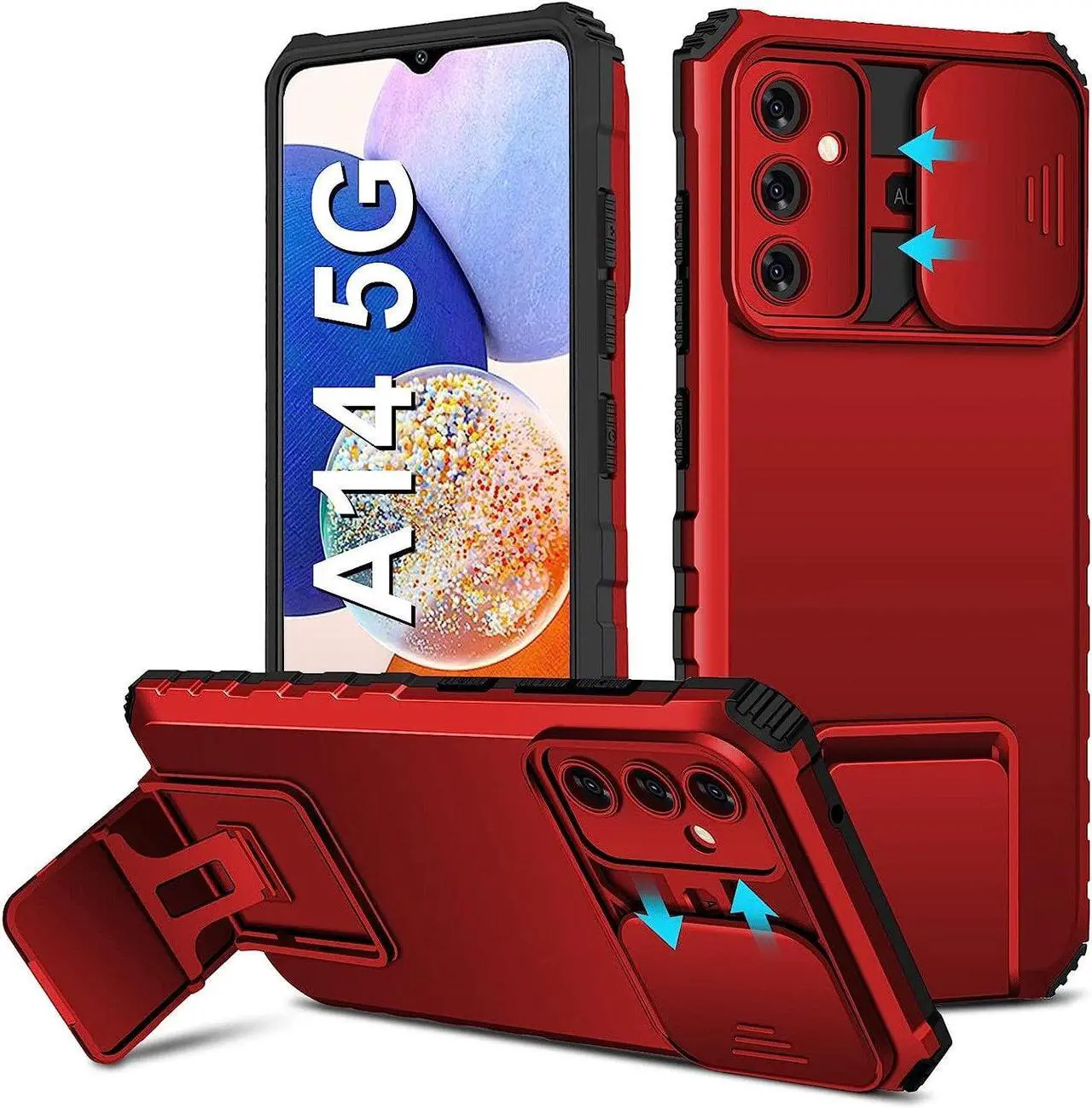 Main image of Camera Privacy Cover Hybrid Case with Kickstand for Samsung Galaxy A14 5G - Red