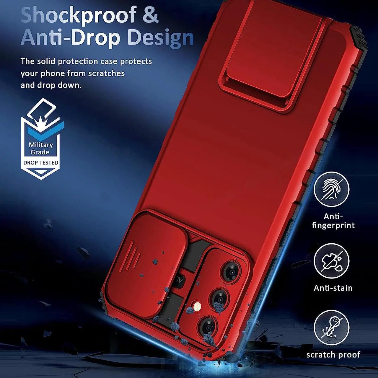 Alt view image 2 of 7 - Camera Privacy Cover Hybrid Case with Kickstand for Samsung Galaxy A14 5G - Red