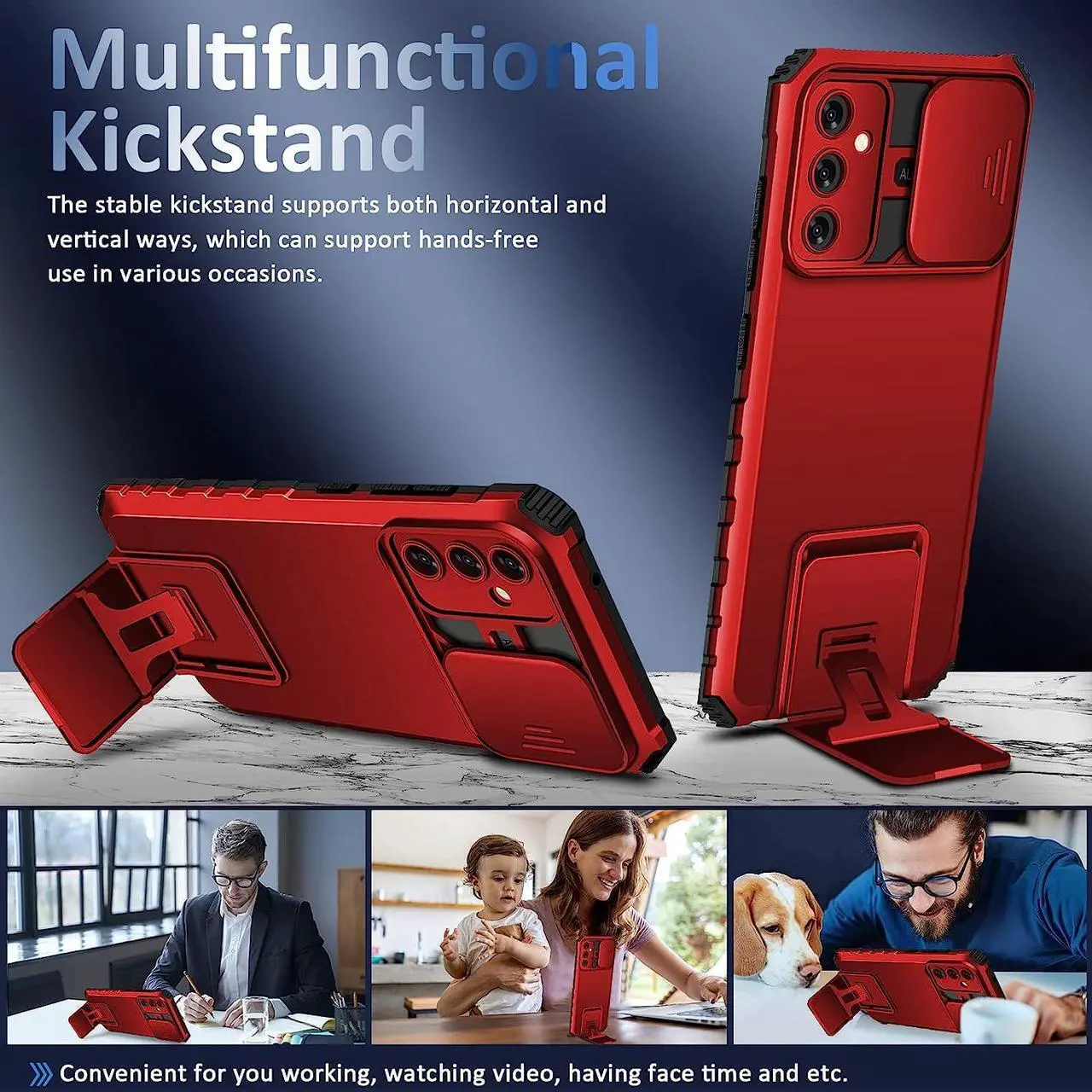 Alt view image 3 of 7 - Camera Privacy Cover Hybrid Case with Kickstand for Samsung Galaxy A14 5G - Red
