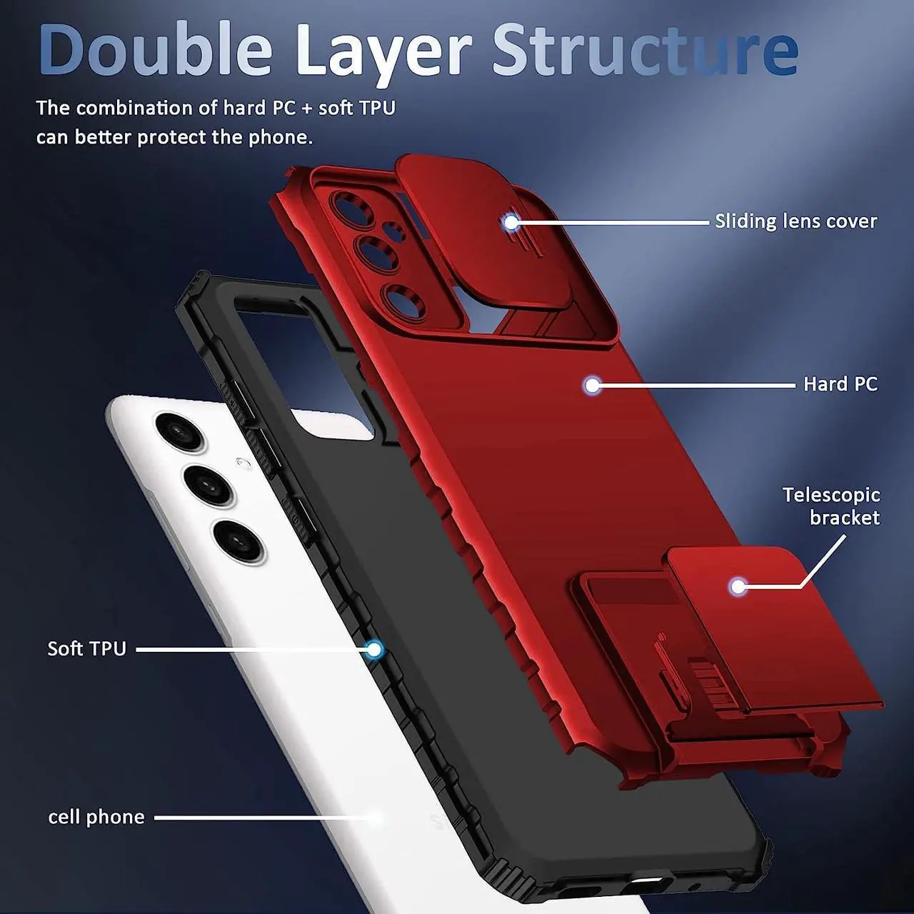 Alt view image 6 of 7 - Camera Privacy Cover Hybrid Case with Kickstand for Samsung Galaxy A14 5G - Red