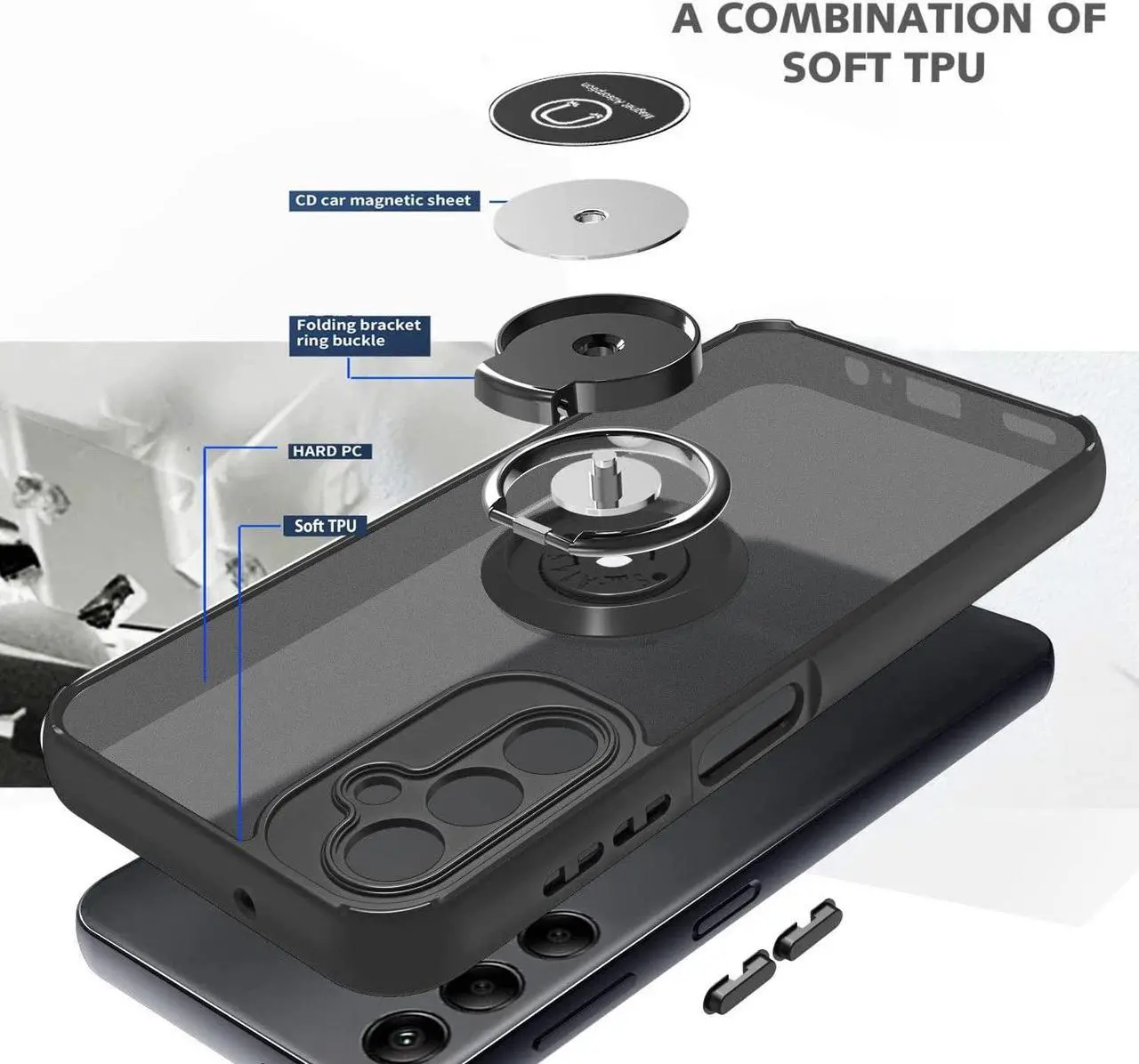 Alt view image 5 of 7 - Transparent Hybrid Case with Ring Grip for Samsung Galaxy A14 5G - Black