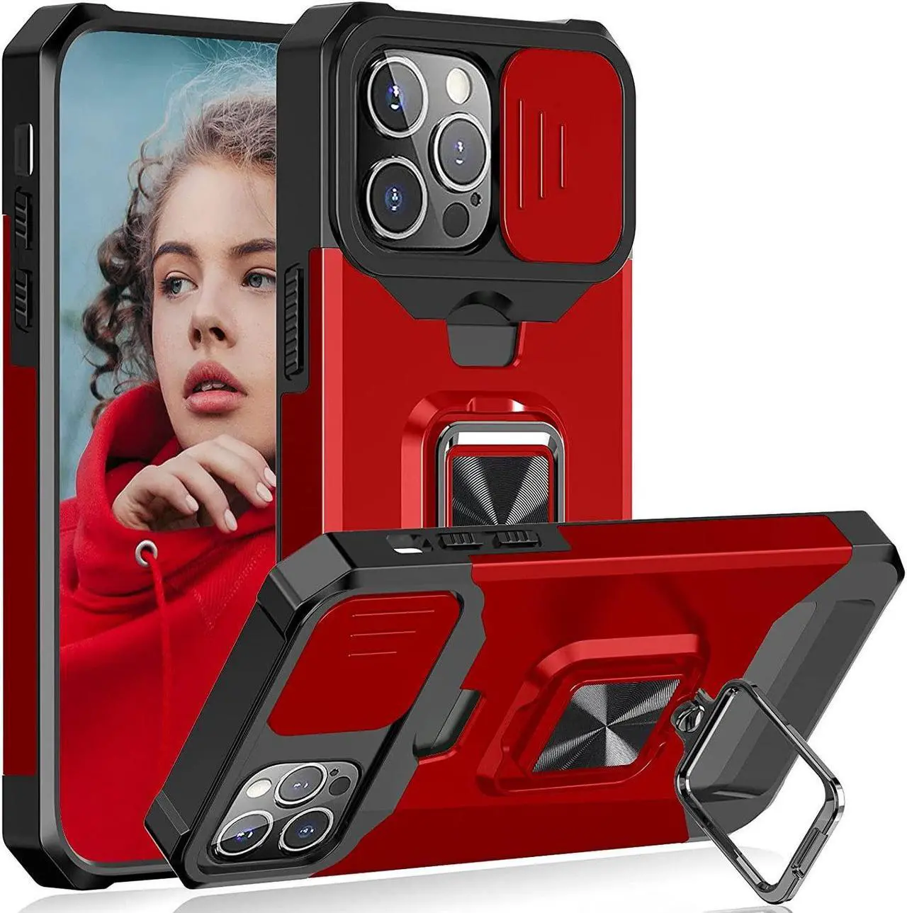 Main image of Military Grade All-In-One Ring Stand Card Case for iPhone 13 Pro Max - Red
