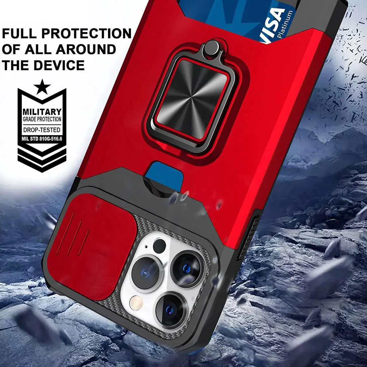 Alt view image 2 of 7 - Military Grade All-In-One Ring Stand Card Case for iPhone 13 Pro Max - Red