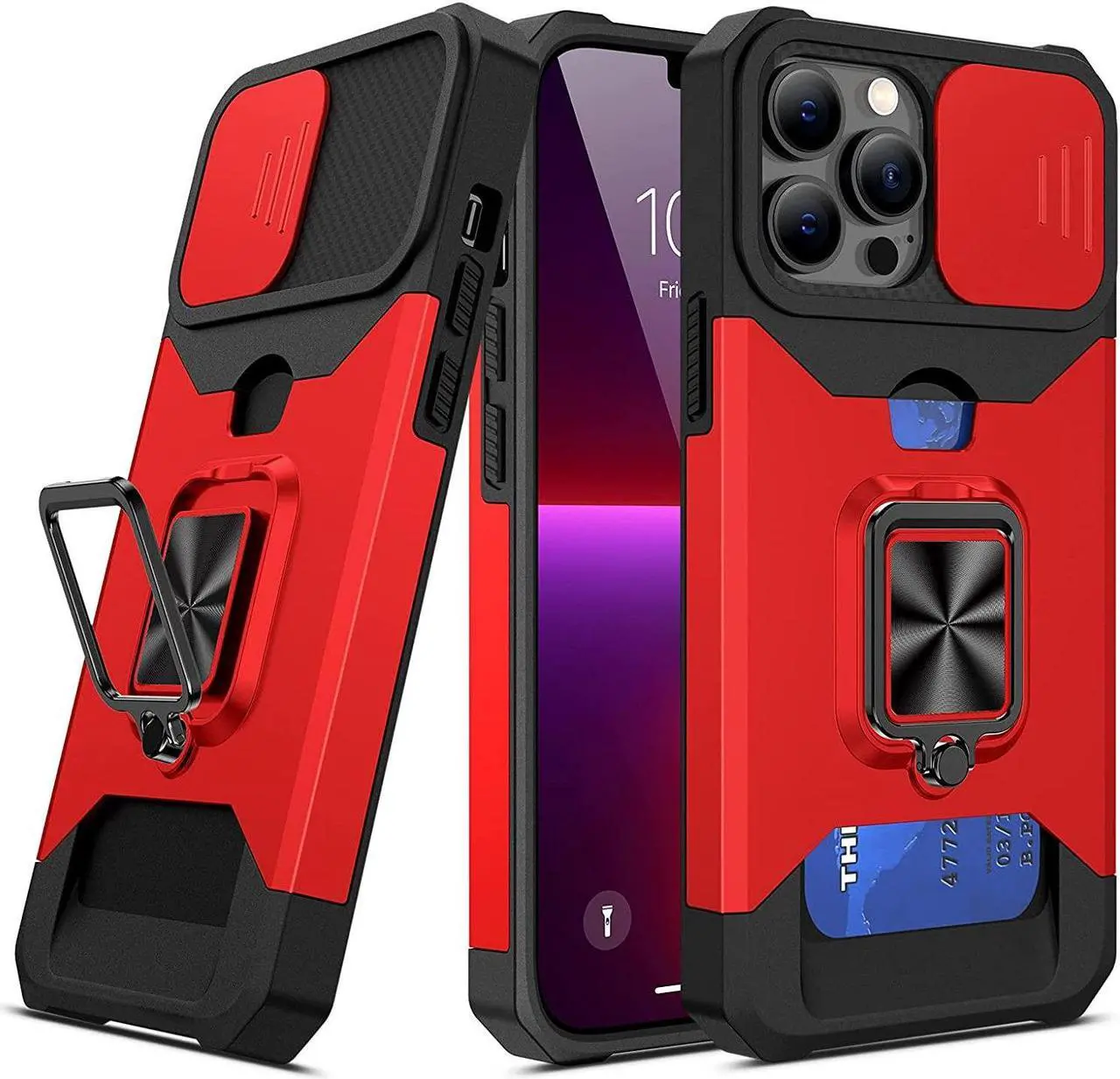 Alt view image 4 of 7 - Military Grade All-In-One Ring Stand Card Case for iPhone 13 Pro Max - Red