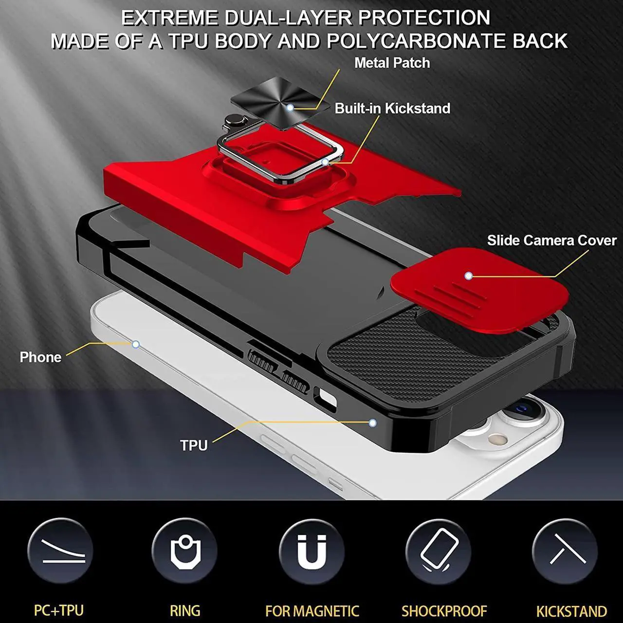 Alt view image 5 of 7 - Military Grade All-In-One Ring Stand Card Case for iPhone 13 Pro Max - Red