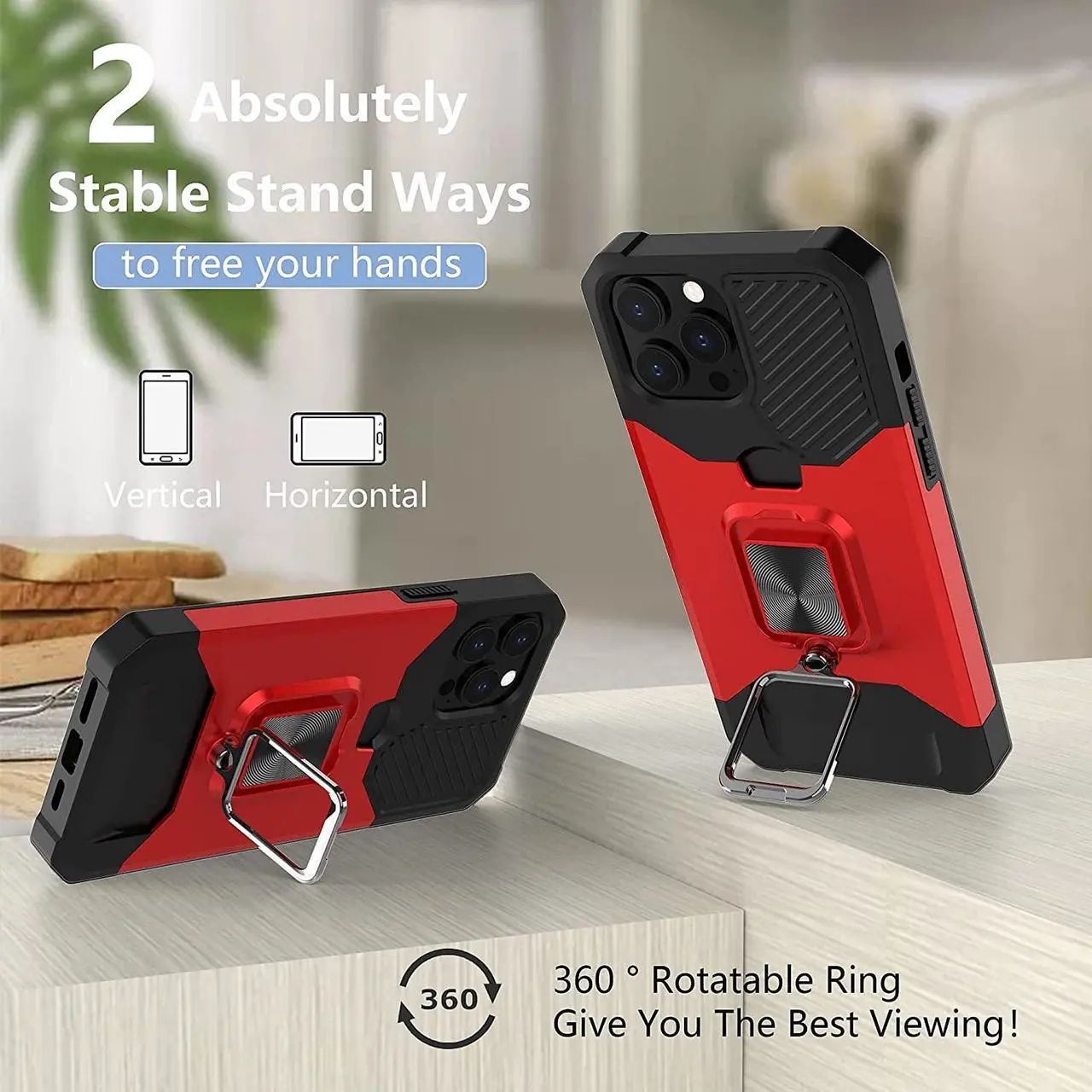 Alt view image 6 of 7 - Military Grade All-In-One Ring Stand Card Case for iPhone 13 Pro Max - Red